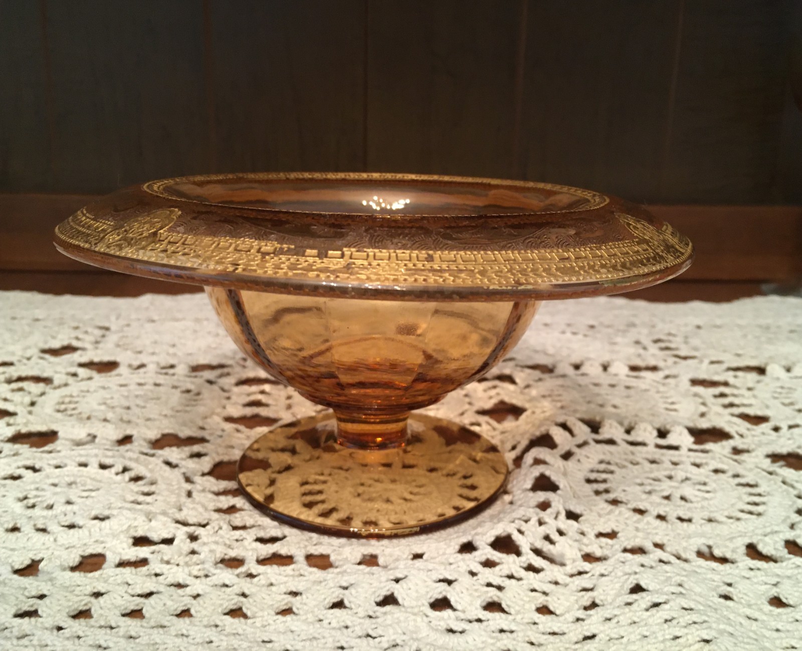 Vintage Amber Glass Pedestal Compote with Rolled Gold Decorative Rim