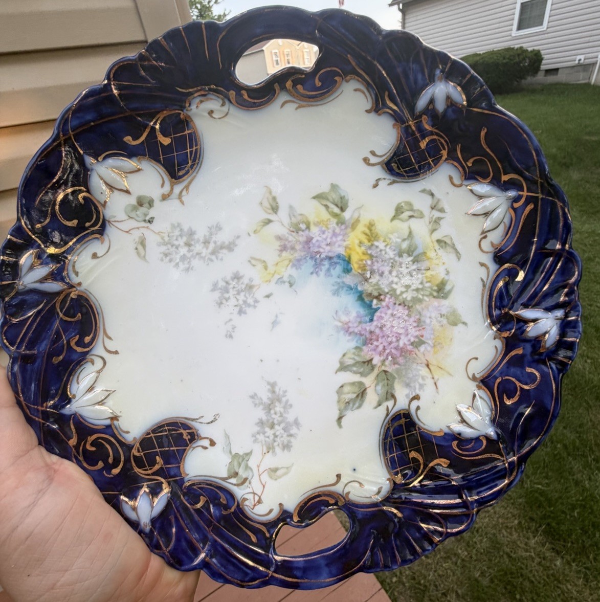 Antique Cobalt Blue RS Prussia Porcelain Deco Hand Painted Raised Gold Plate