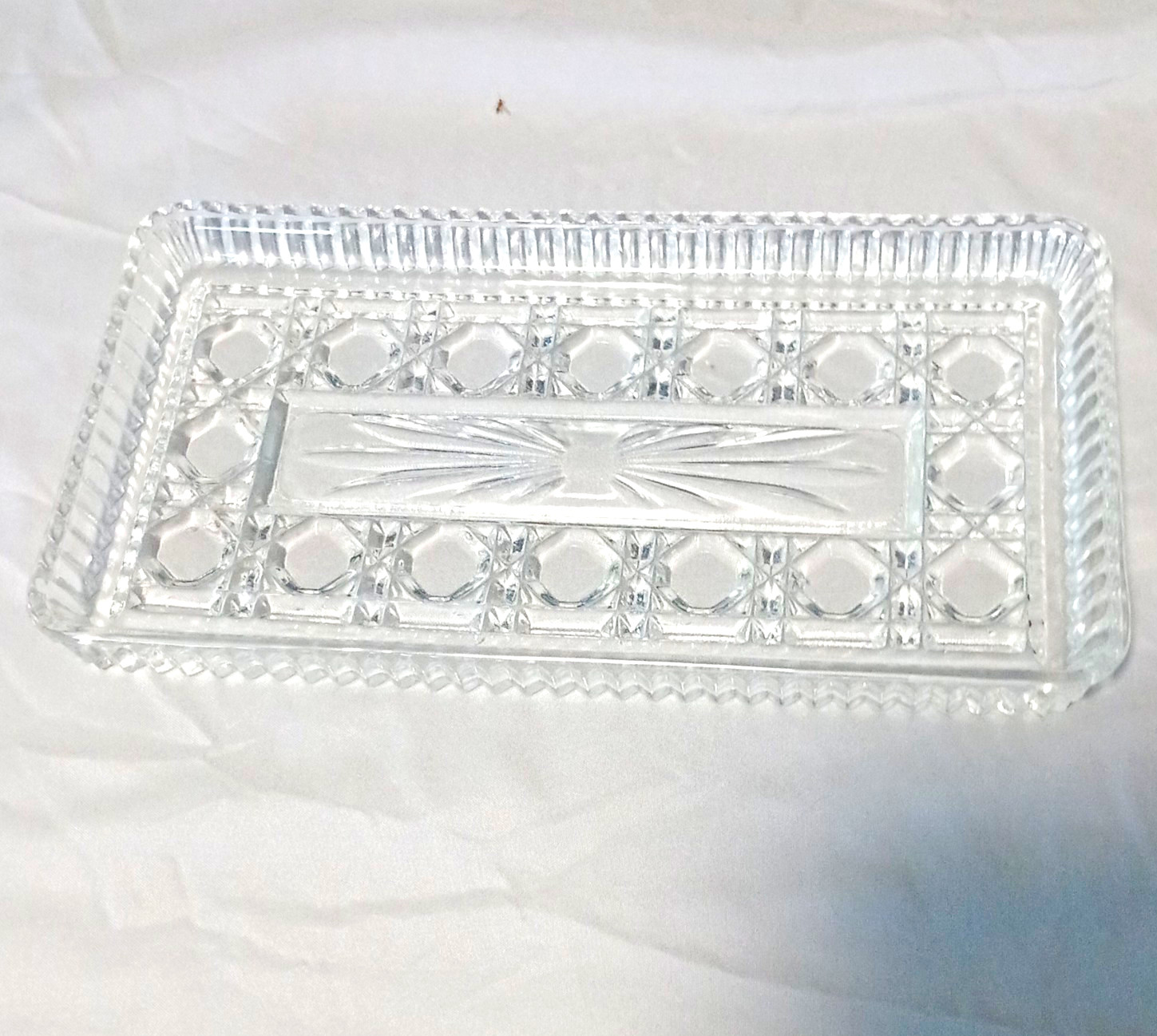 Clear Pressed Glass Rectangular Tray, Diamond & Starburst Pattern Decorative