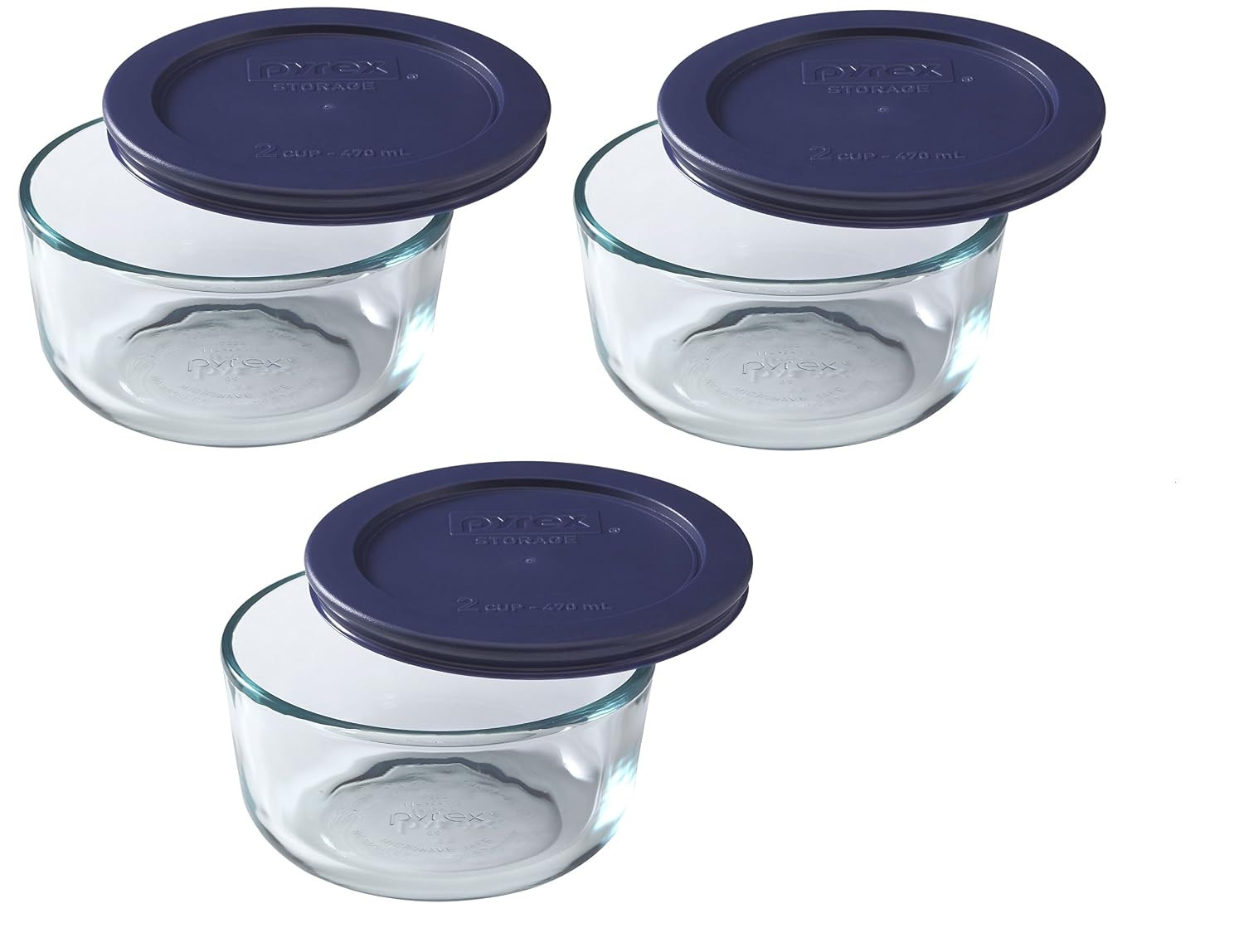 3-Pack 2-Cup Glass Bowls with Dark Blue Lids – Made in USA