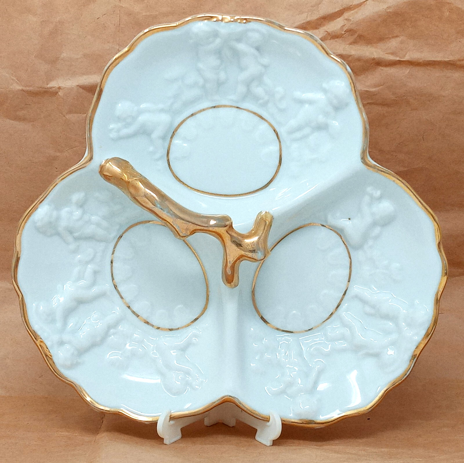 Cherubs Frolicking 3 Section White Ceramic Divided Serving Dish 7″ wide