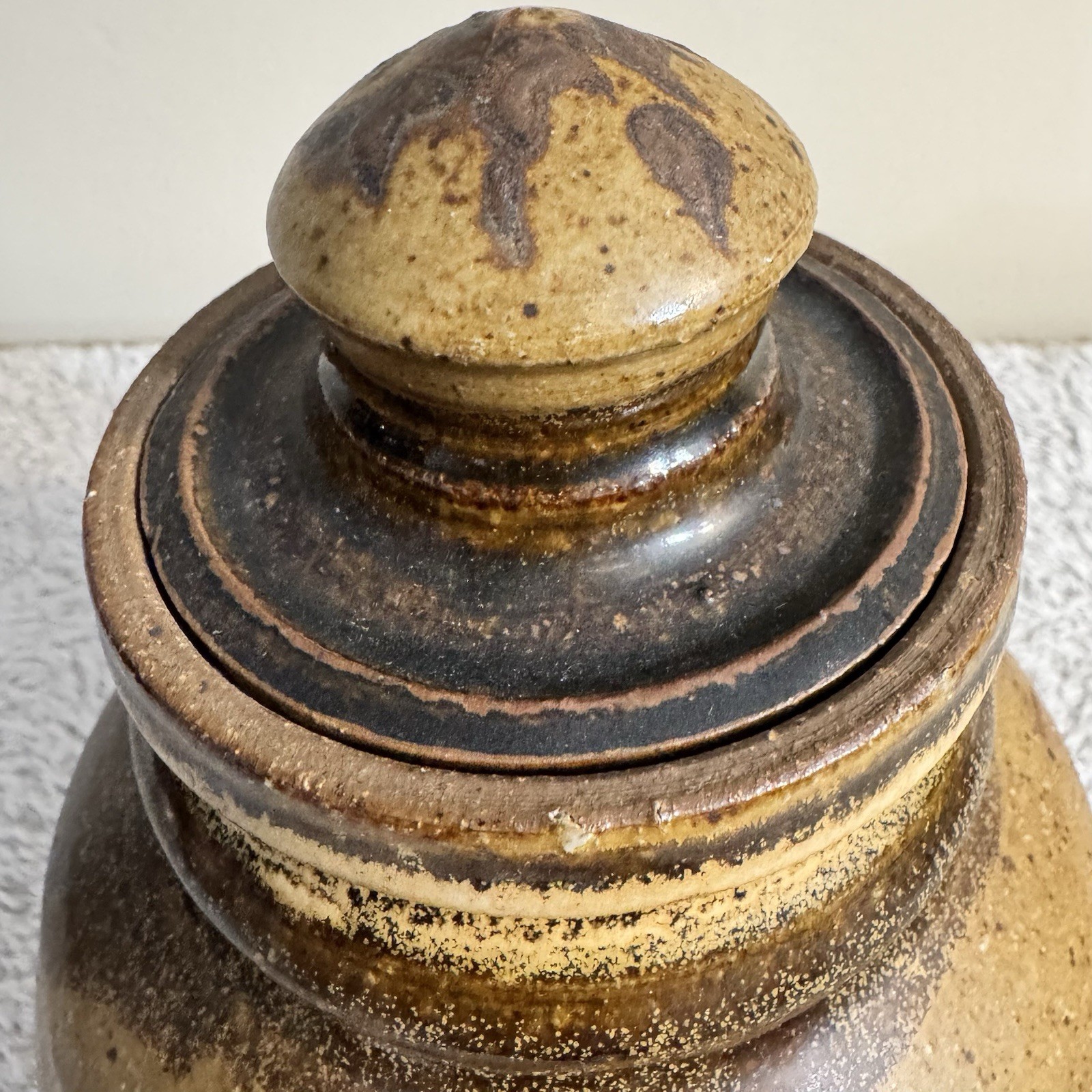 Vintage Studio Pottery Lidded Jar – Hand Thrown – Earth Tone Drip Glaze – Rustic
