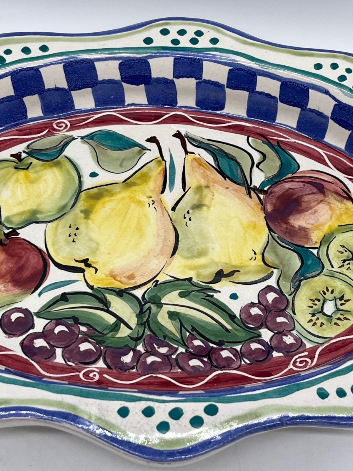 Hand Painted Italian Ceramic Oval Fruit Platter With Leaf Handles And Vibrant Co