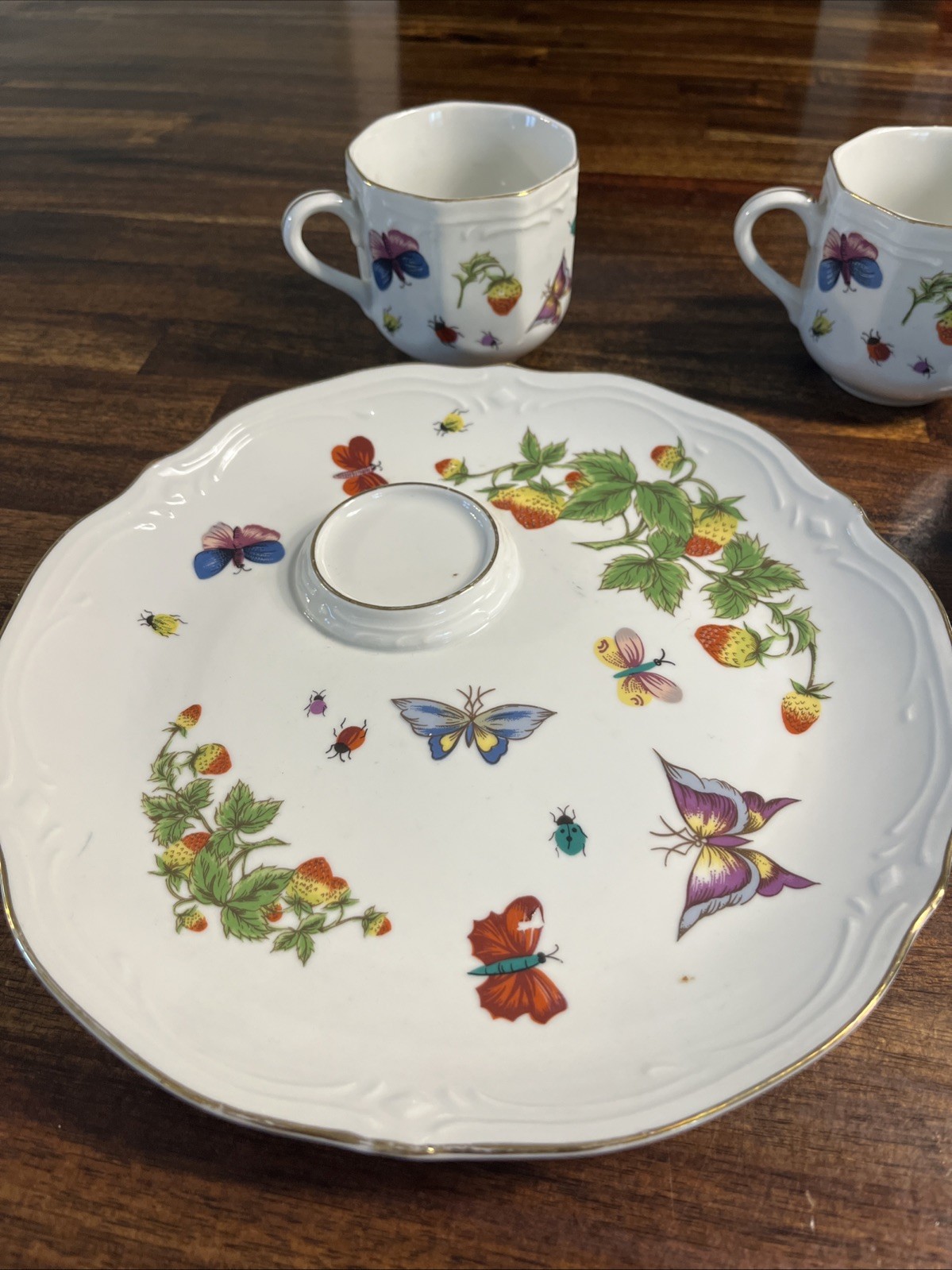 Vintage Ardalt Japan Lenwile Snack Set Strawberry Butterfly Cup Plate Lot x2