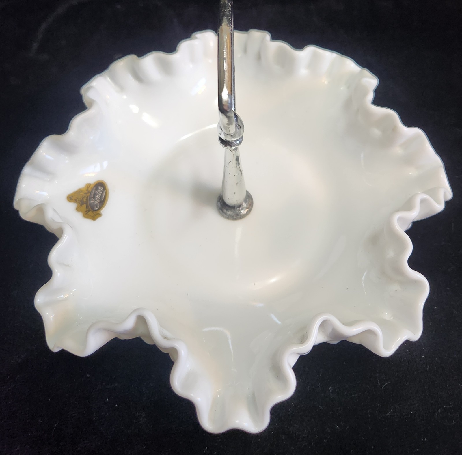 Vintage Original Sticker 5 in. Fenton White Hobnail Candy Trinket Dish Handle