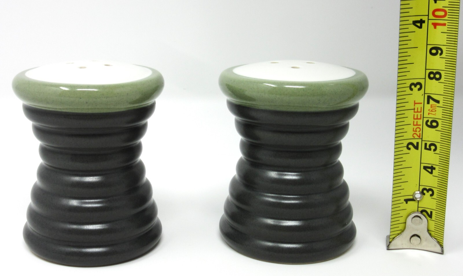 Pfaltzgraff Sphere Salt & Pepper Shaker Set charcoal grey w/ olive green & white