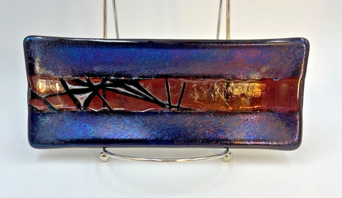 Kurt McVay Art Glass Fused Iridescent Tray / Trinket Dish Signed KM 7.9” x 3.25″