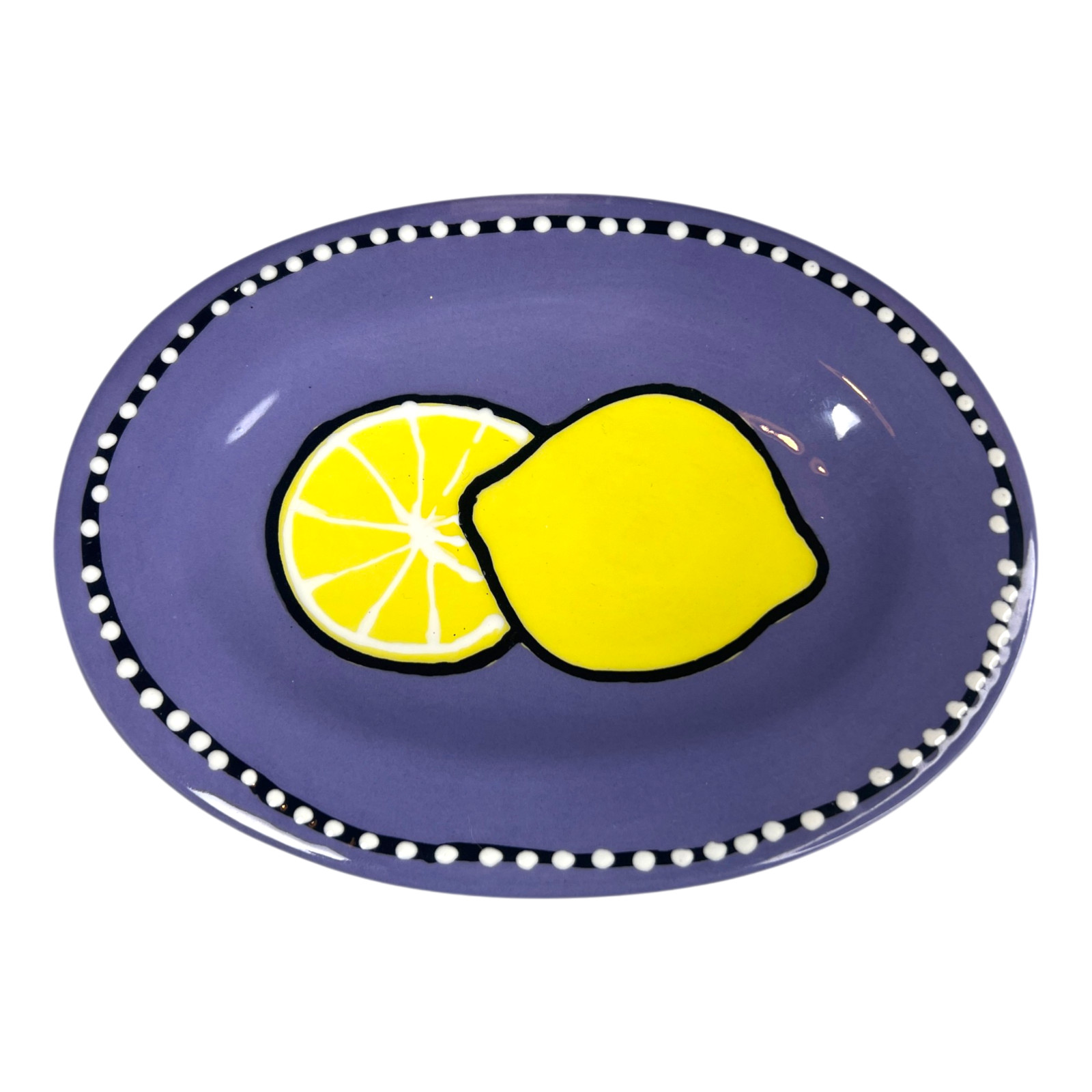Berryware Lemon Oval Serving Plate 9” Purple Polka Dot Black White USA