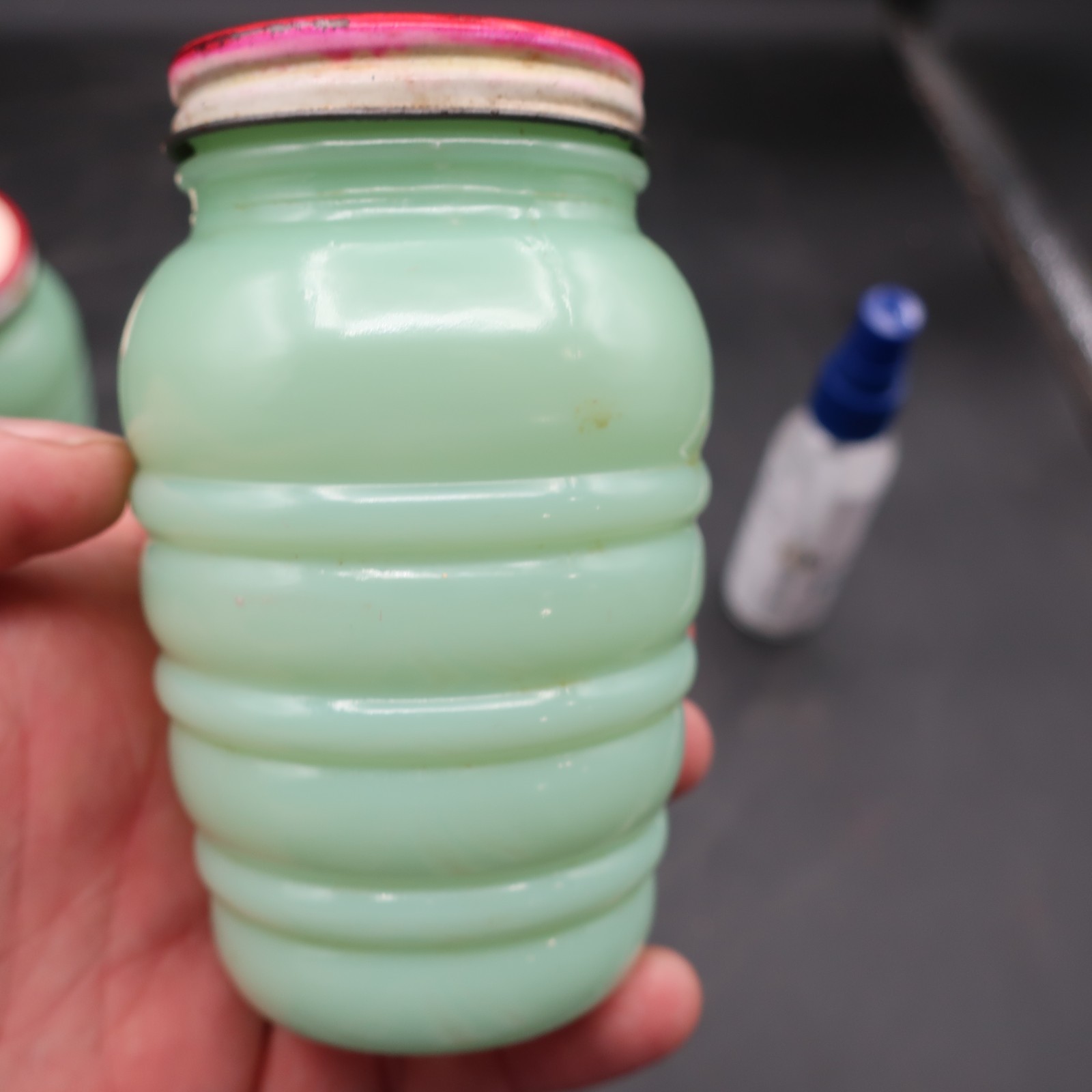 Vtg Fire King Jadeite TULIP LIDS SALT PEPPER shaker set 1950s Beautiful HTF