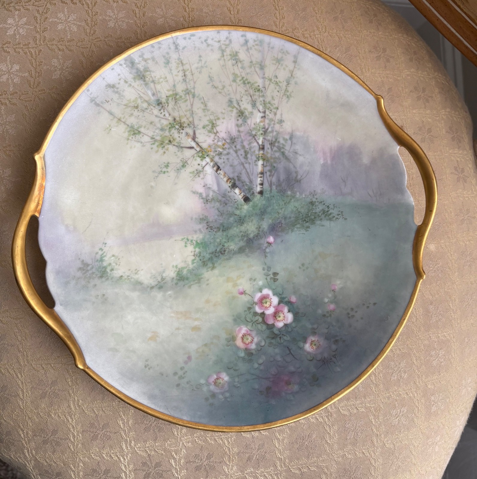 Pickard China Vellum Hand Painted Signed Maley Plate Tree Lake Scene 10.75″ 1901