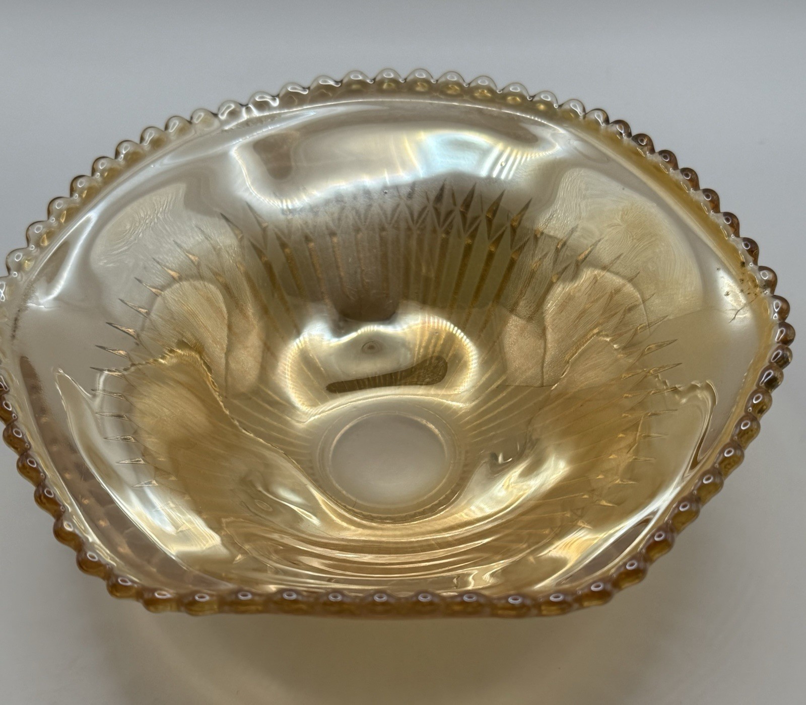 Vintage Carnival Glass Jeanette Glass 3 Footed Marigold ‘Anniversary’ Bowl 6.5”