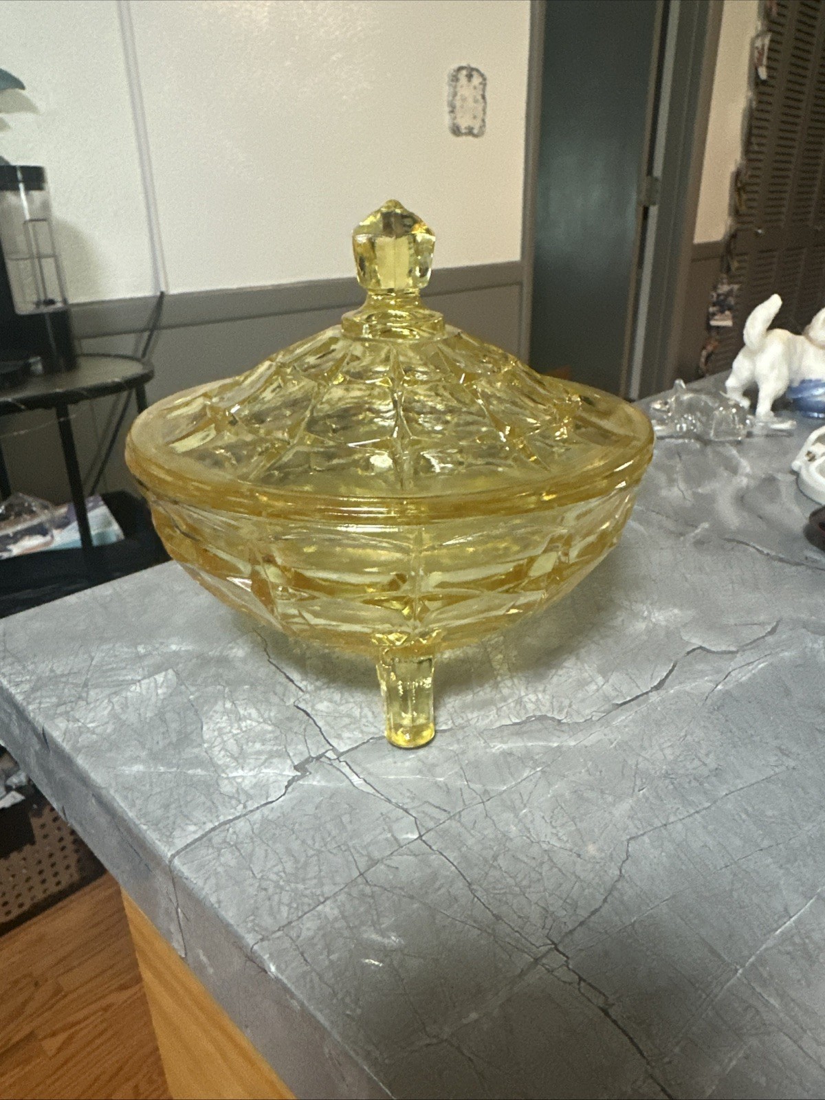 Vintage 1970s Tiara Indiana Glass Constellation Yellow Three Footed Dish/Lid.