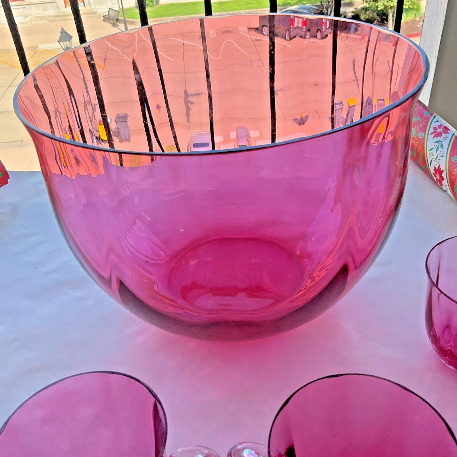 Antique Cranberry Pink Glass Punch Bowl Set w/ 10 Handled Cups Pilgrim Optic