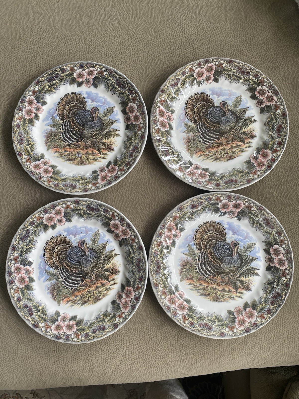 (4) Queen’s Thanksgiving 10” Dinner Plates Turkey Myott Factory Multicolor Reti