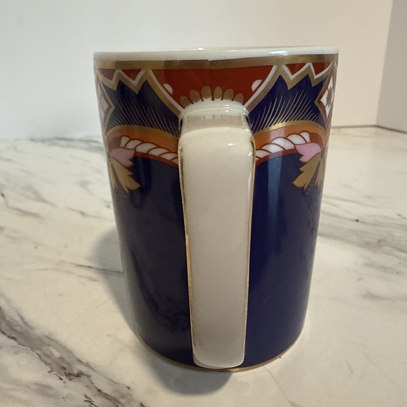 Neiman Marcus Coffee Cup Exclusive Porcelain Blue Rust Pink & Gold Trim Tea Mug
