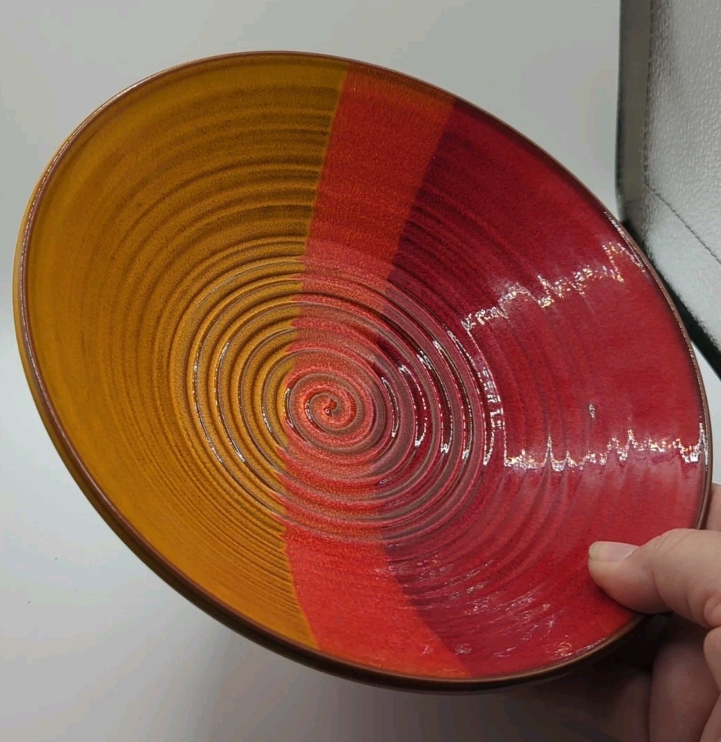 Studio Art Pottery Bowl Artist Signed Ombré Colored Design Yellow/Orange/Red 8in