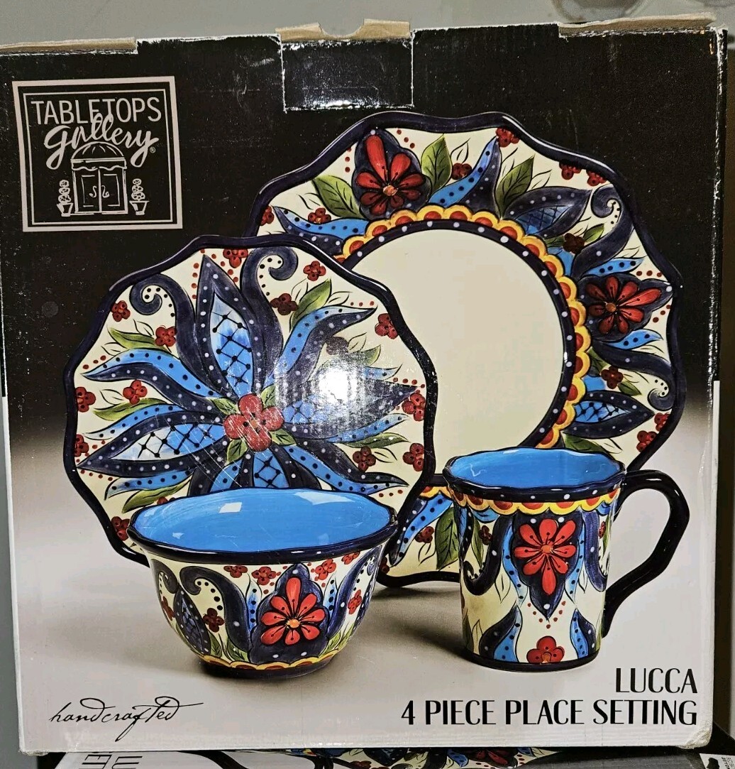 Tabletops Gallery Lucca Handcrafted Blue Floral Four Piece Place Setting NIB