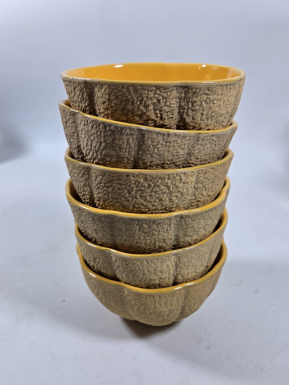 Set of 6 Cantaloupe Melon Bowls Green Rind Orange Interior Sandstone Creations