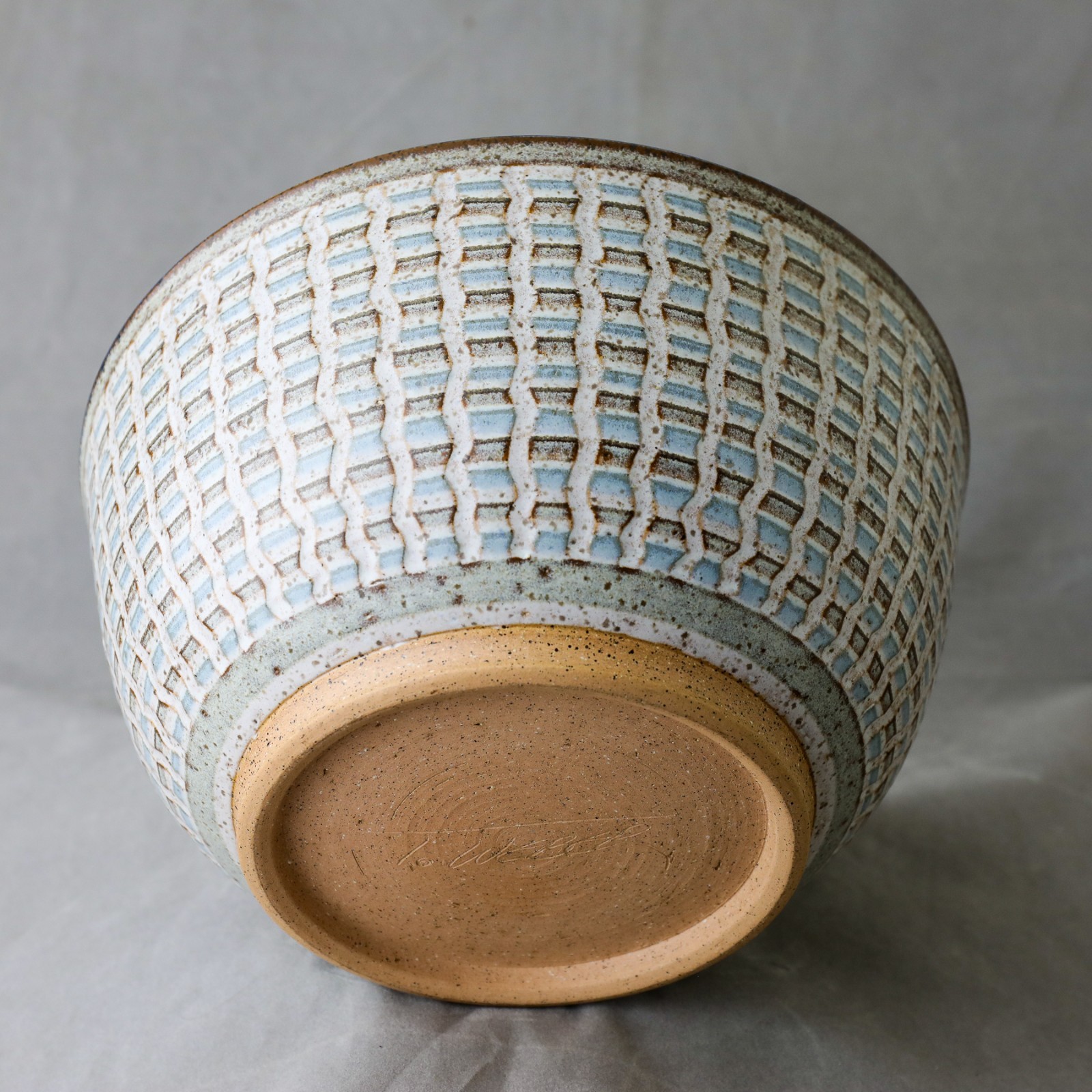 Signed Studio Pottery Bowl Blue Glaze Art Ceramic Wheel Thrown 9” MCM