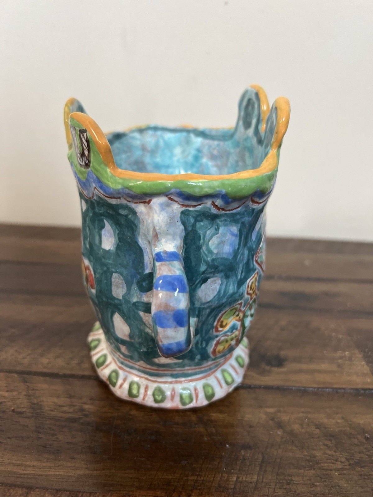 Handmade Folk Art Whimsical Pitcher Colorful Studio Ceramic Pottery Home Decor