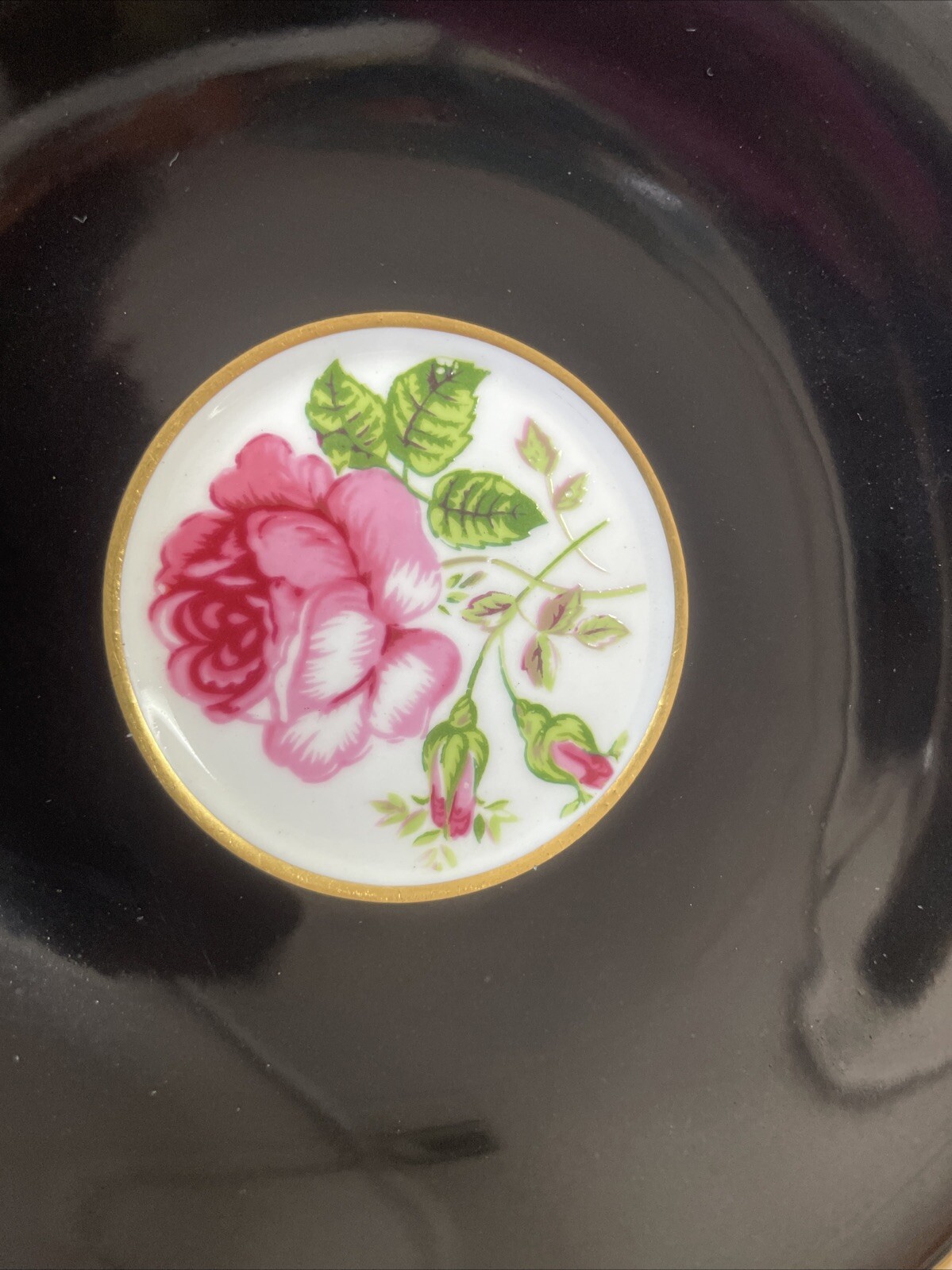Antique Rare English Windsor Black Gilded Floating Rose Teacup & Saucer Set