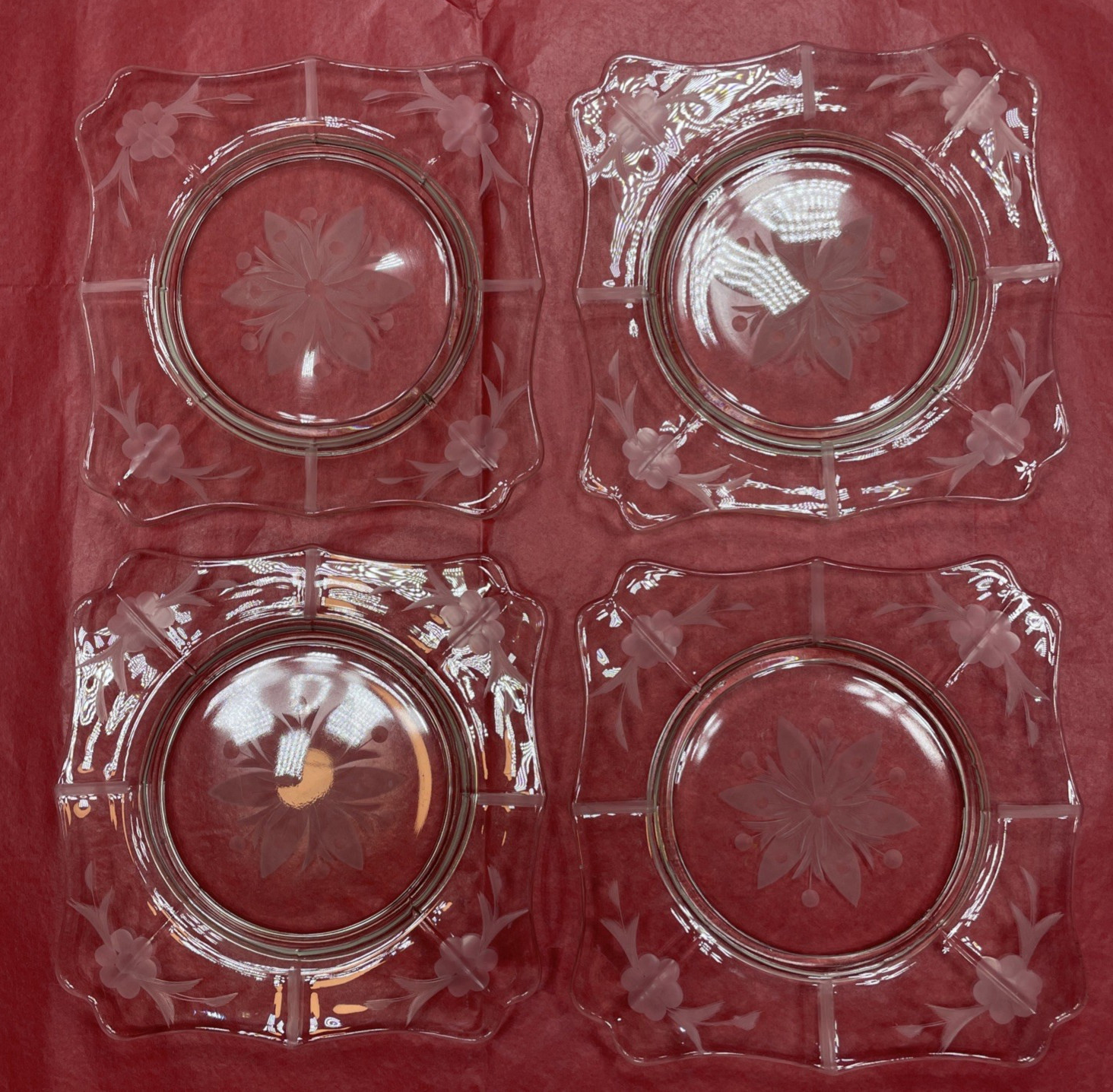 4pc Antique 1920s-1930s Etched Depression Glass Flower Pattern 7.” Sq. Plate EUC