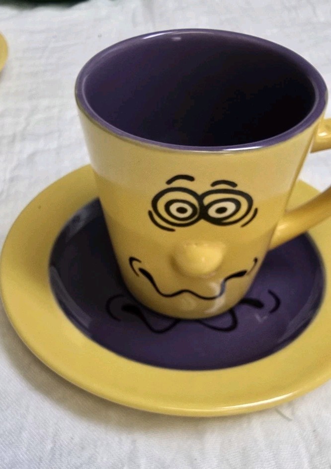 Funny Face Espresso Coffee Mugs With Matching Saucers Ceramic 2.50 Inches Taĺl