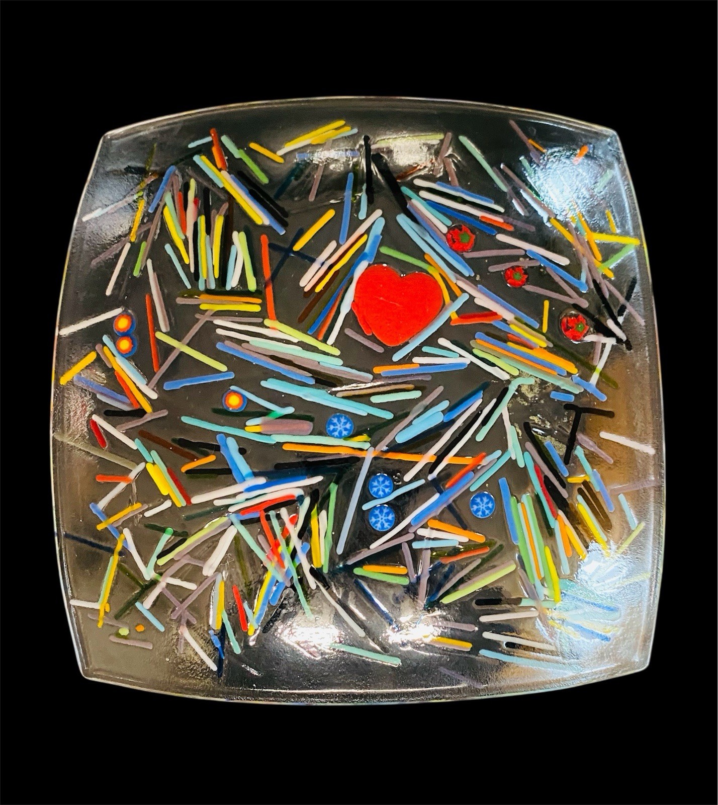 Handcrafted Fused Art Glass Plate Dish Abstract Multicolor Confetti & Red Heart