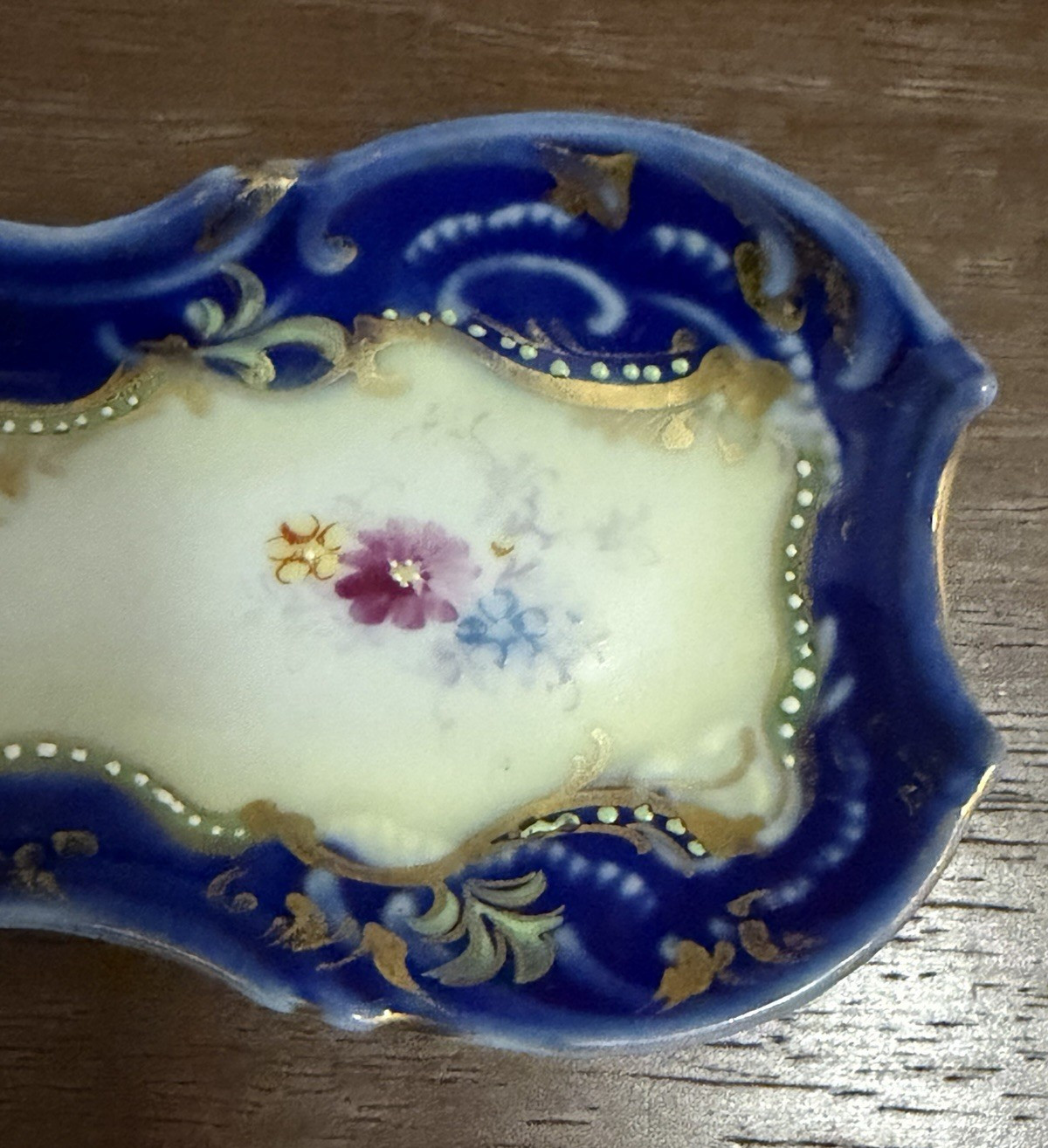 Antique Nippon Hand Painted Cobalt Blue Floral Relish Tray Gold 9″ C.1910’s