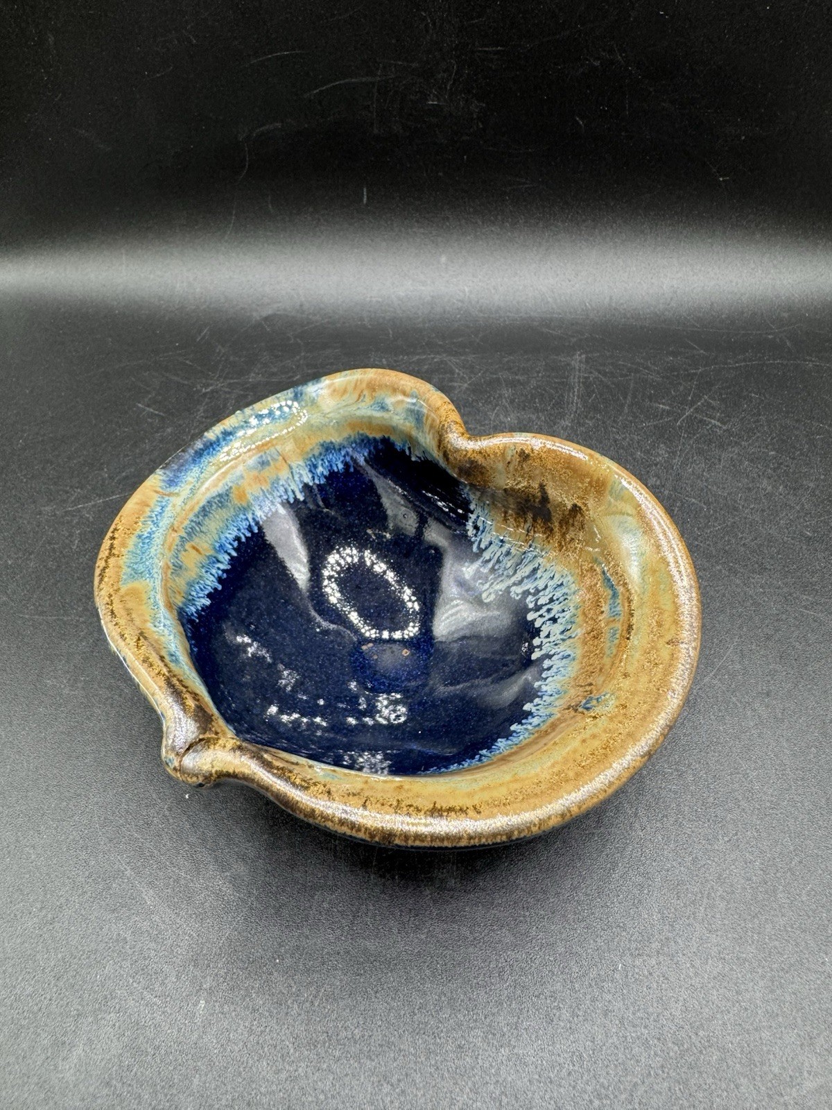 Pigeon River Pottery Heart Shaped Bowl Blue Beige Drip Glaze Signed Ceramic 5.5”
