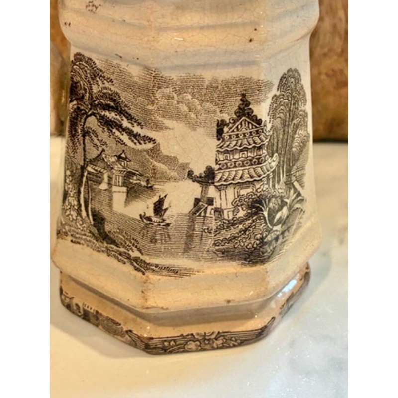 Antique Victorian Brown Transferware Octagonal Pitcher Chinoiserie 6”