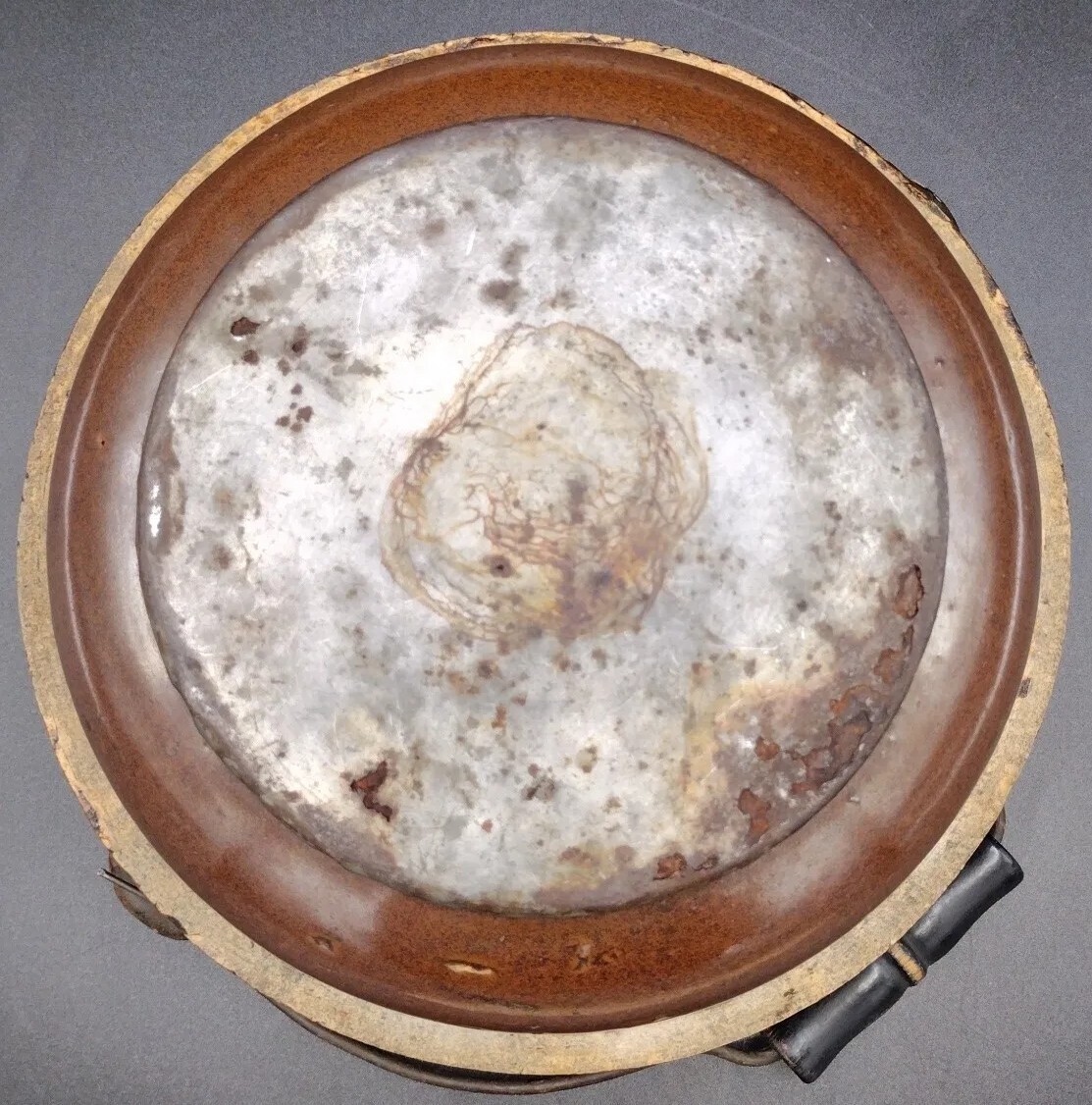 Antique Stoneware Salt Glaze8¾” Crock Mixing Bowl Wire Handle Metal Bottom Brown