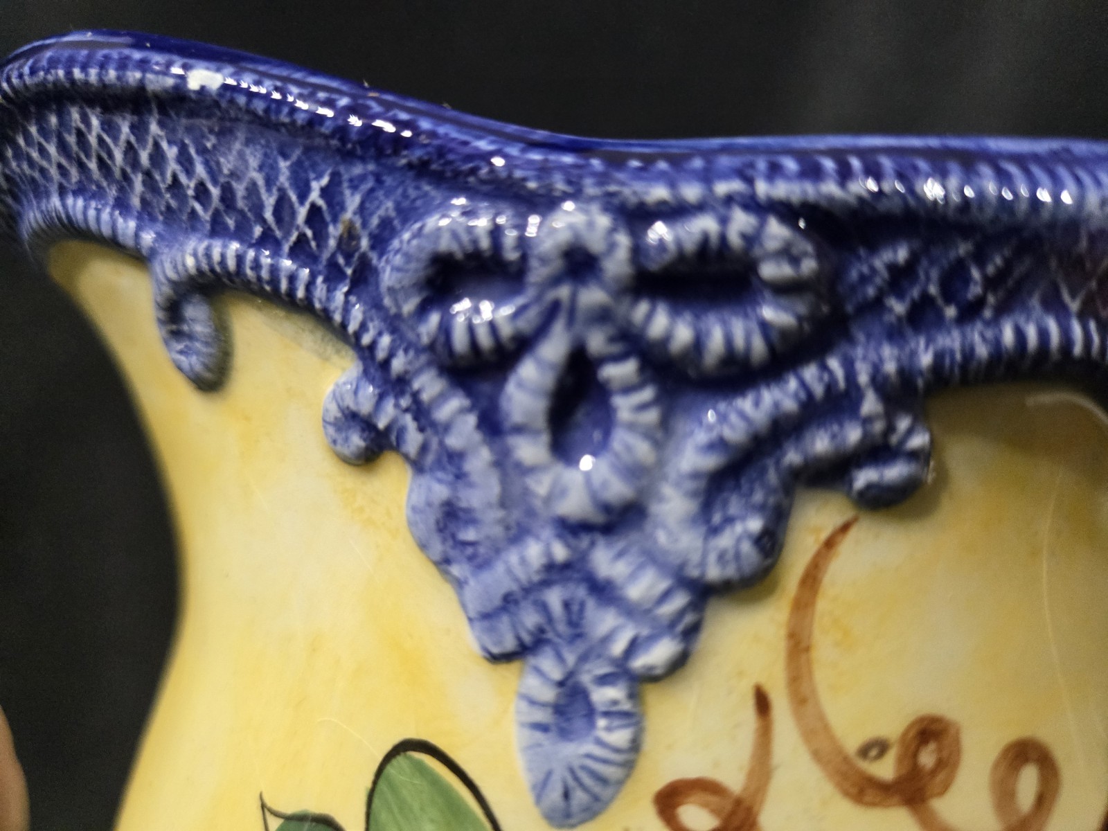 MINT VTG Pitcher With Grapes Hand Painted Rare Yellow/Cobalt Blue Braided Trim