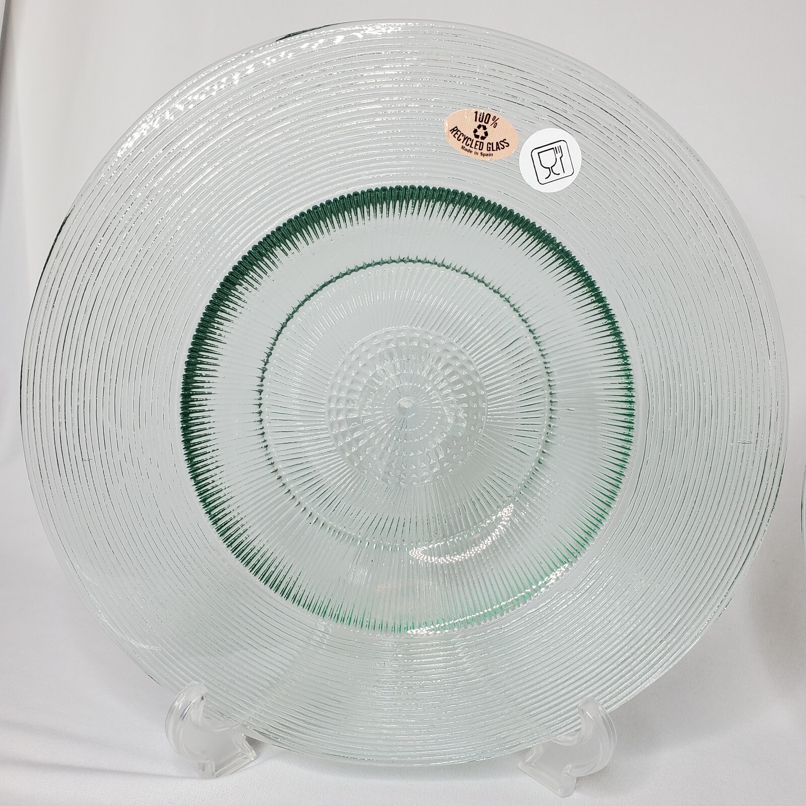 4 Recycled Spanish Glass Dinner Plates 10″ Set Wide Rim Clear Green Textured NOS
