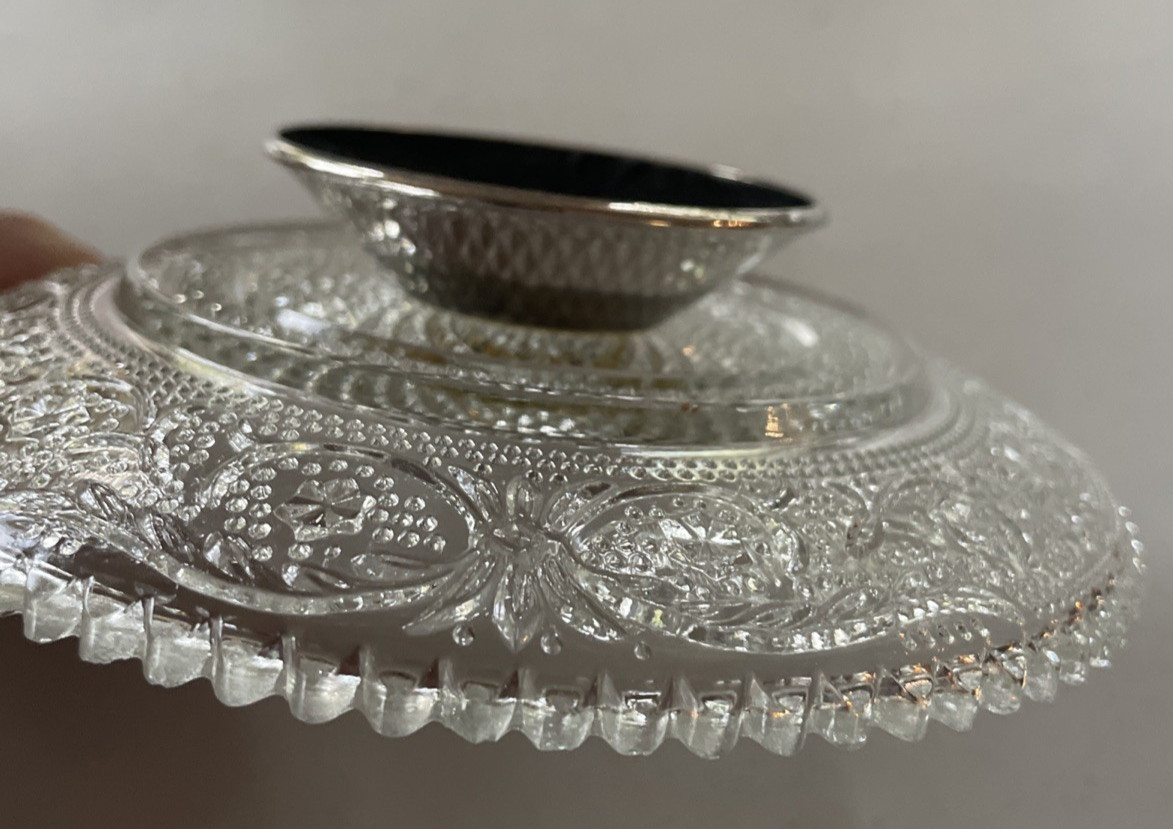 Vintage KIG Clear Fleur De Lis Pattern Silver Plate Footed Candy Nut Dish Server