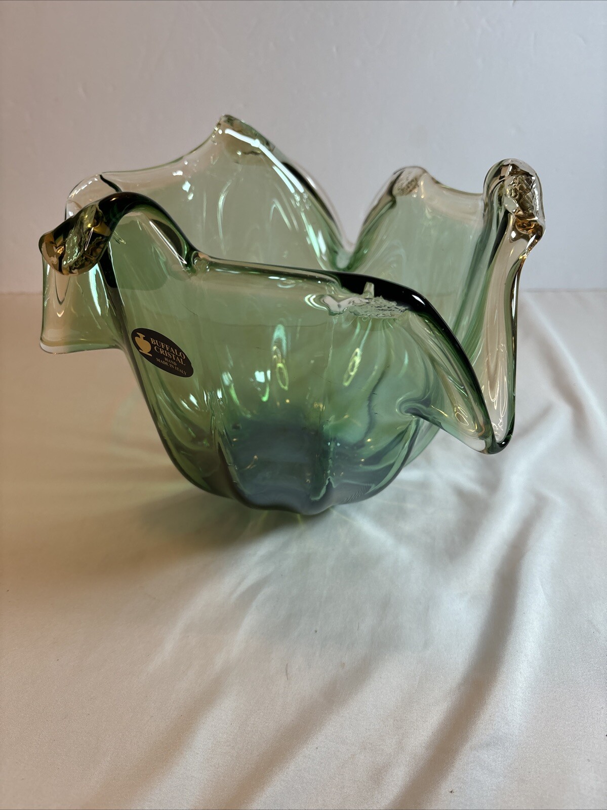 Murano Lavorazione Asymmetrical Art Glass Bowl Blue/Green Wave