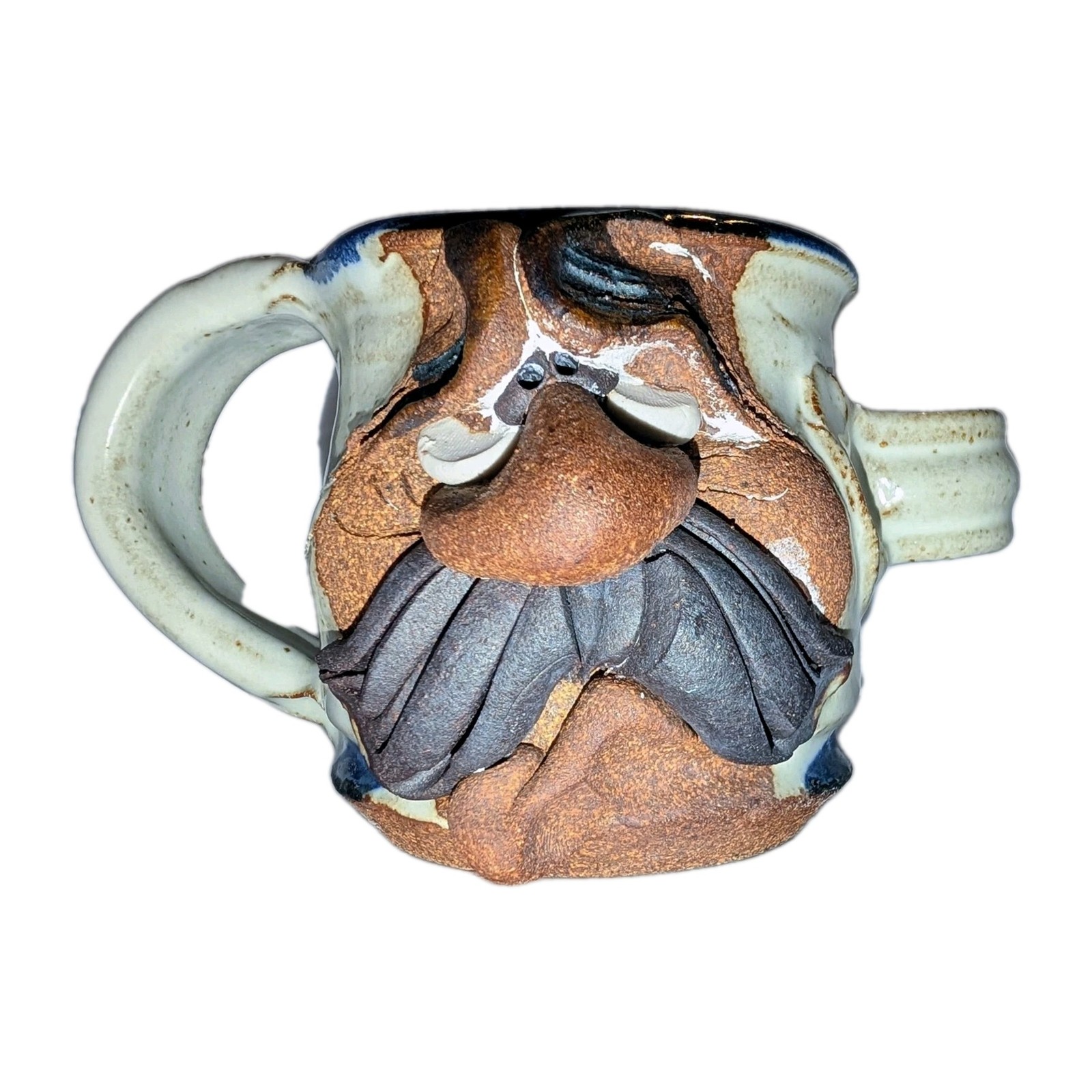 Vtg Mahon Pottery Mug Funny Ugly Face Salt Glazed Mustache Double Handle MMS Cup