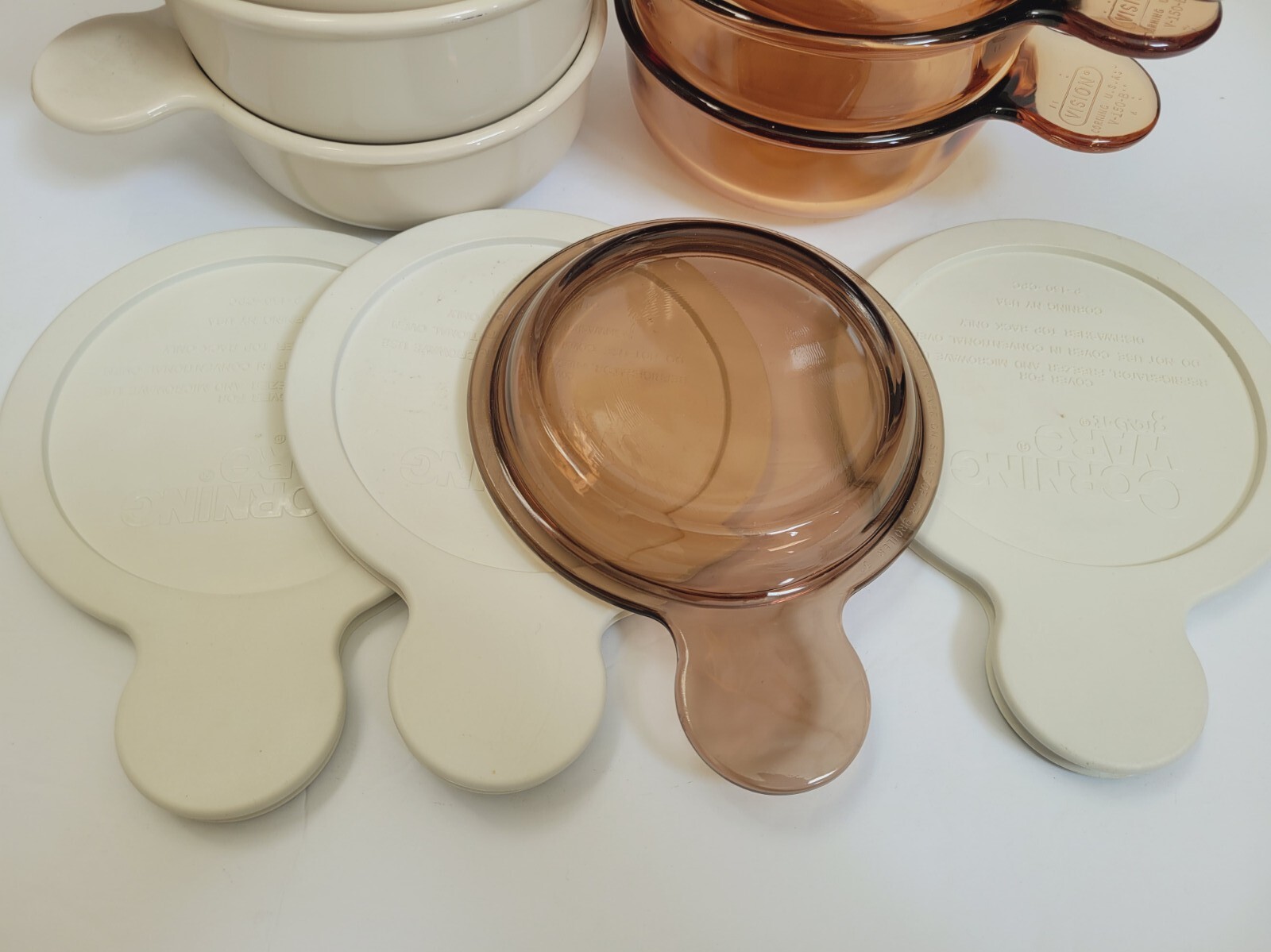 Set of 8 Vision Corning Amber & Tan Glass Grab It Bowls w/ Lids