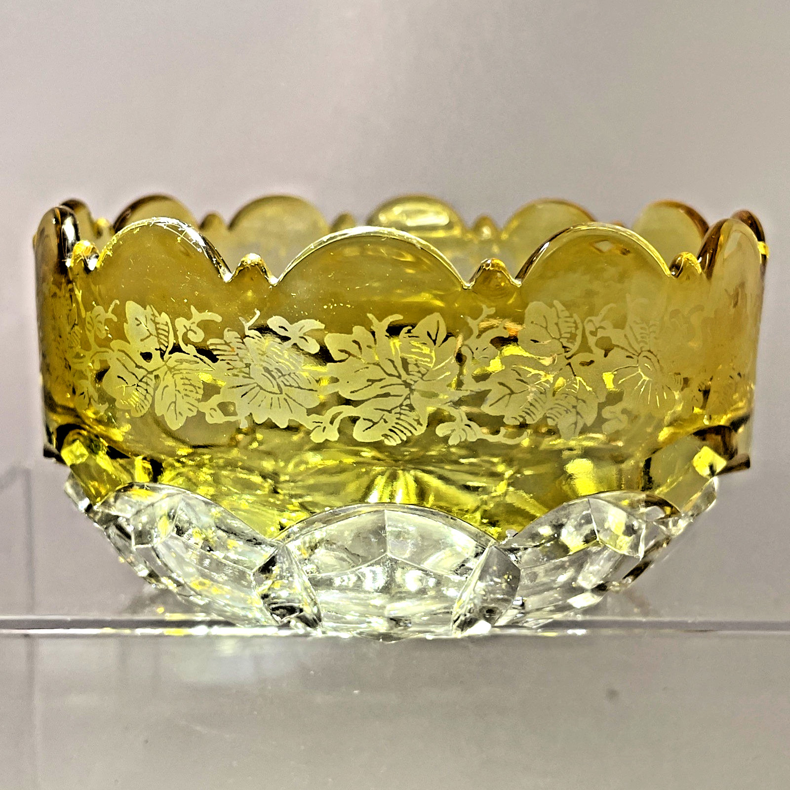 Antique Hobbs Glass Co Hexagon Block 1889 EAPG Yellow to Clear Etched #335 4.25”