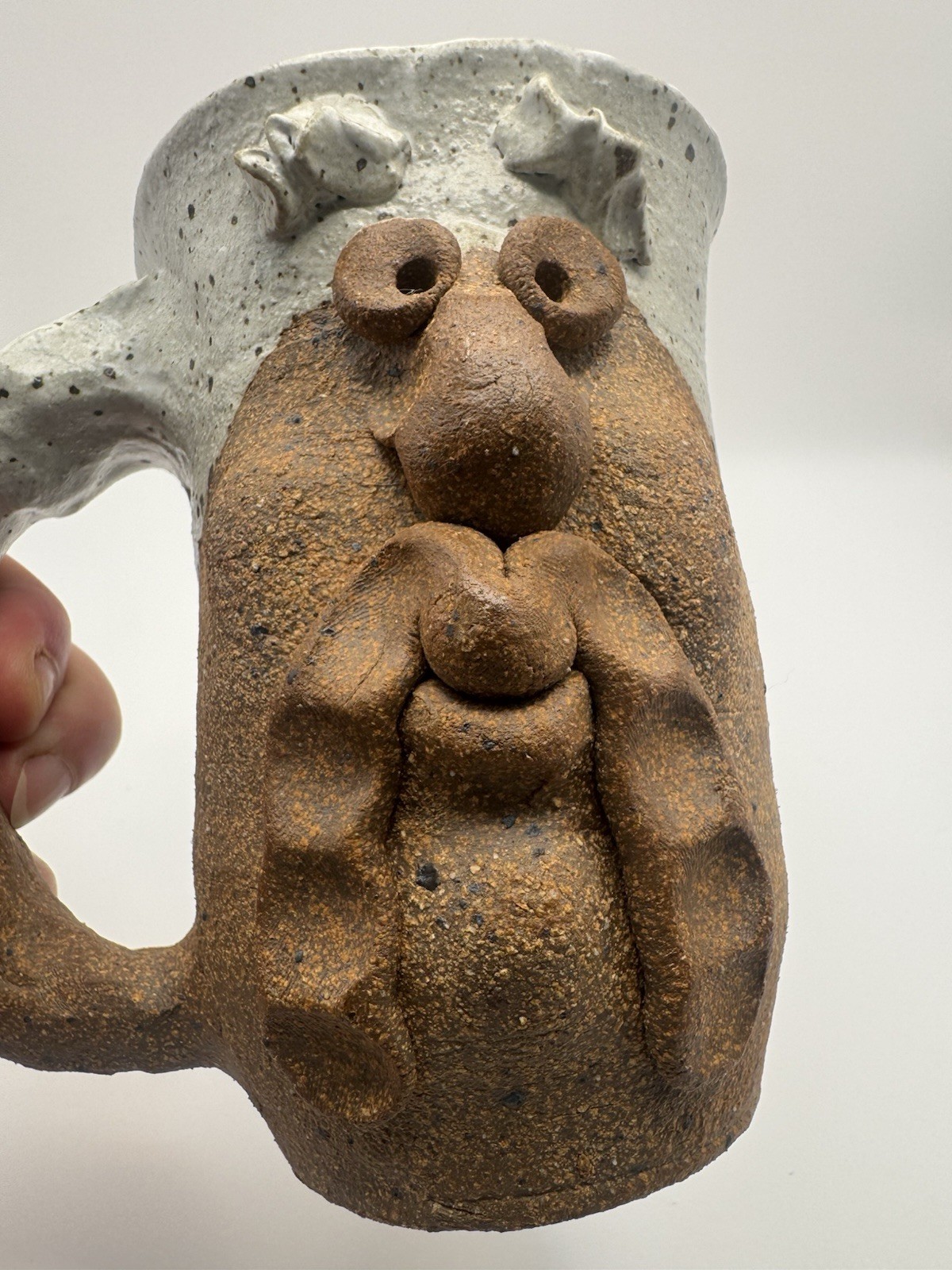 Vintage Mustache Funny Face Mug Handmade Pottery 3D Art Coffee Cup