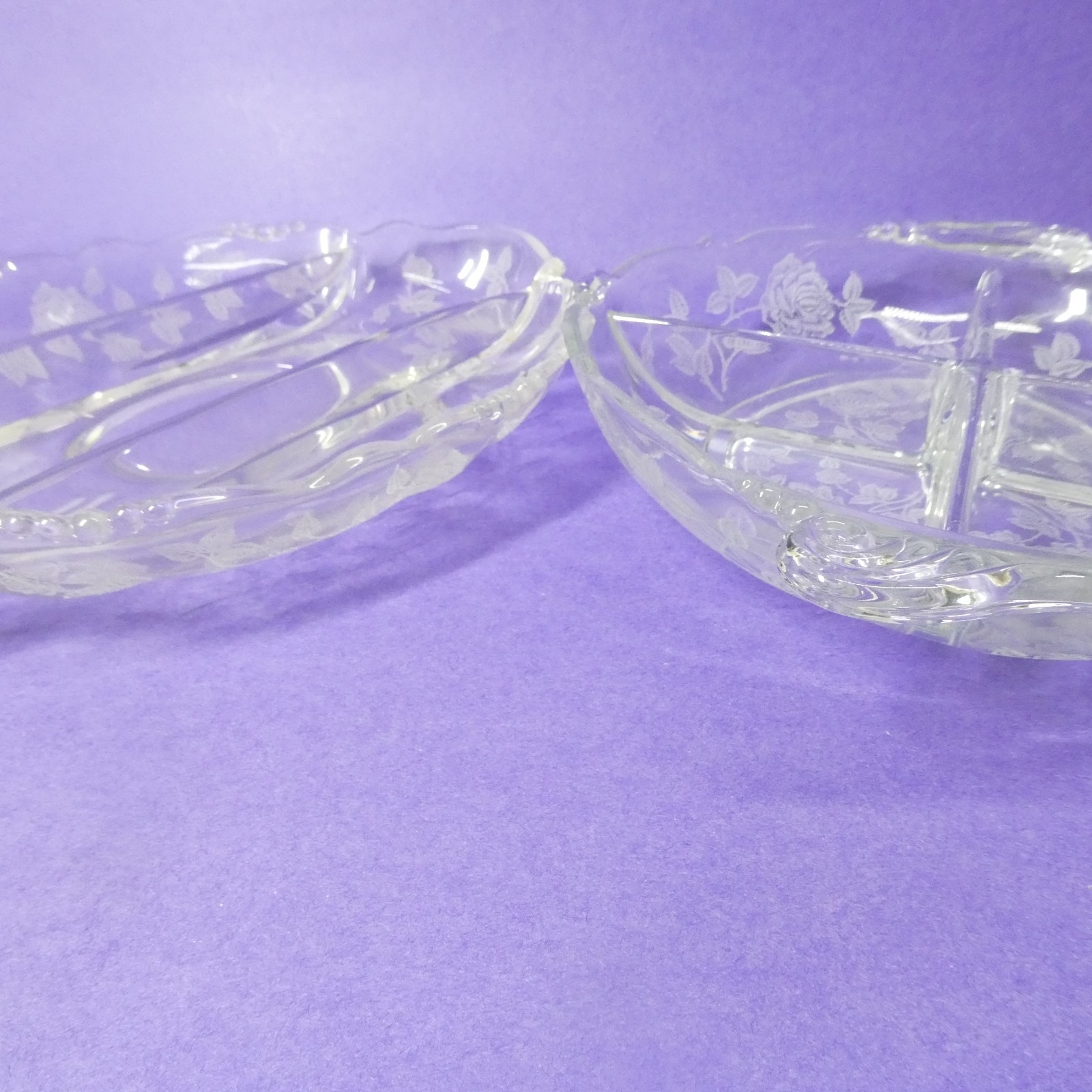 Heisey Rose 2 Divided Dishes Oval Celery & Round Relish Bowl Clear Etched Glass
