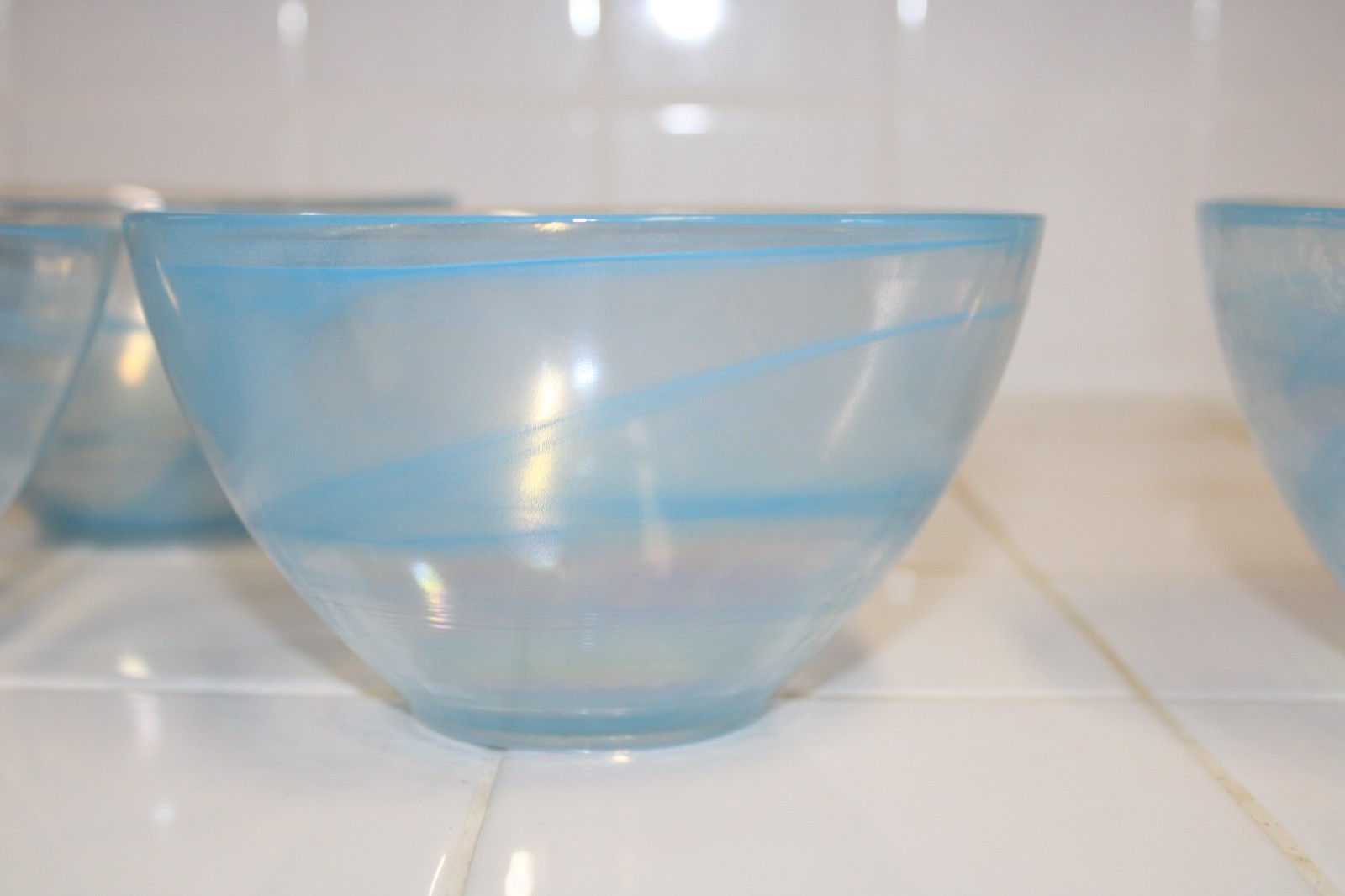 Set of 4 Iridescent Aqua Blue Swirl Art Glass Soup/Cereal/Salad/Dessert Bowls