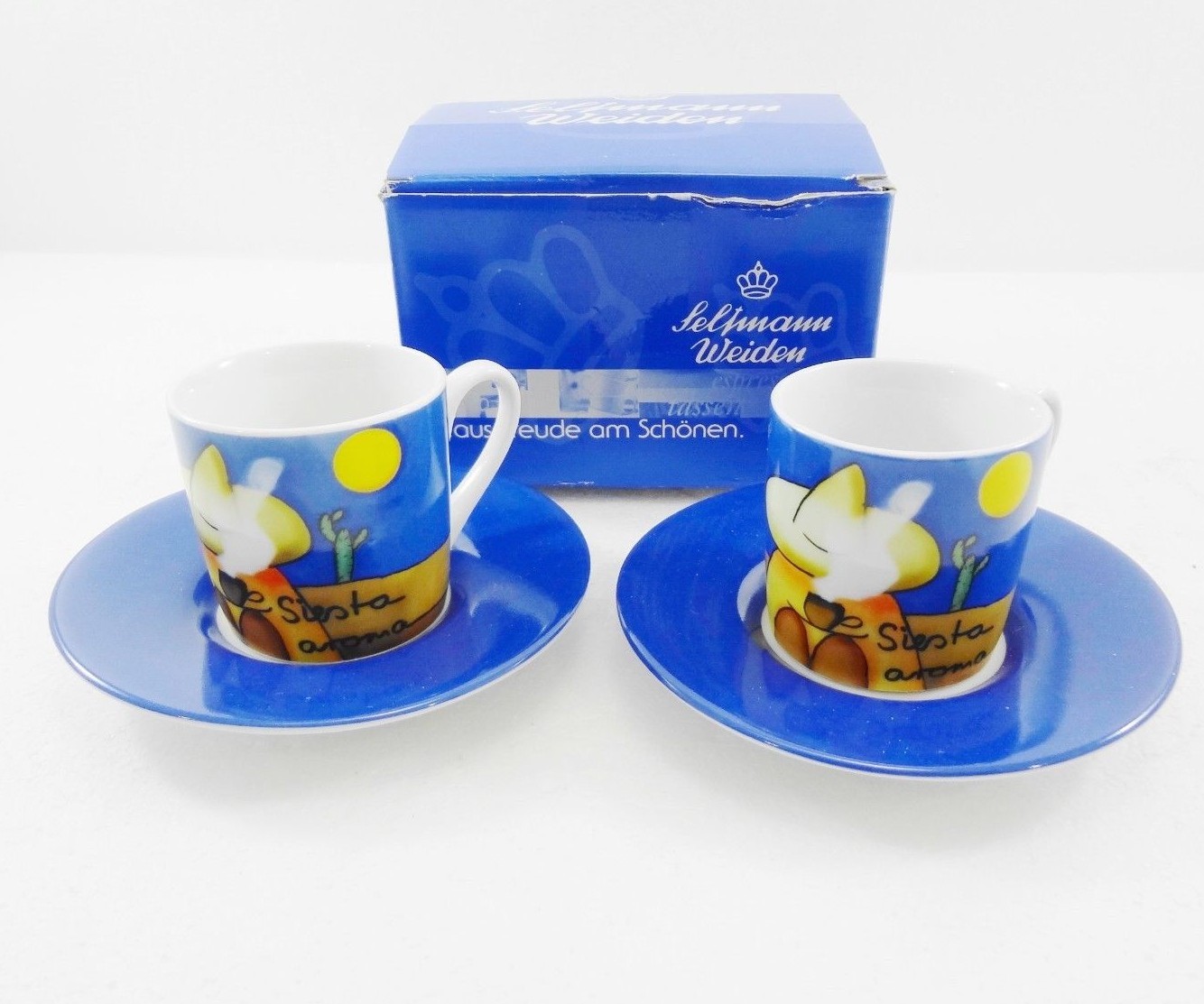 Seltmann-Weiden Espresso Set 2 Cups Saucers Blue Siesta Aroma Cafe Sombrero NEW