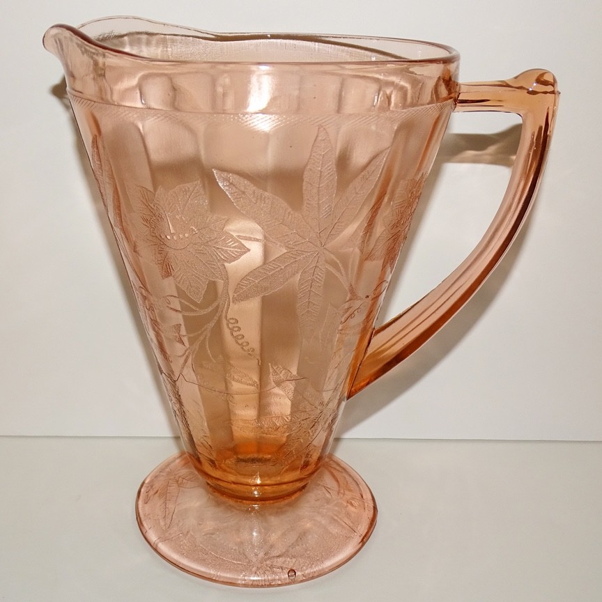 1931 Jeannette 7.75in Poinsettia Pink Depression Glass Footed Cone Pitcher 32oz