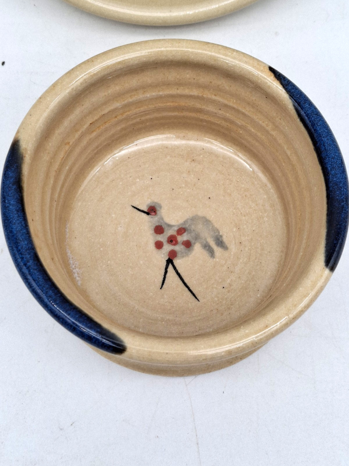 2 Mucros Bird Pottery Bowls Hand Thrown Ireland Spotted Tan Grey Blue Drip 4 5.5