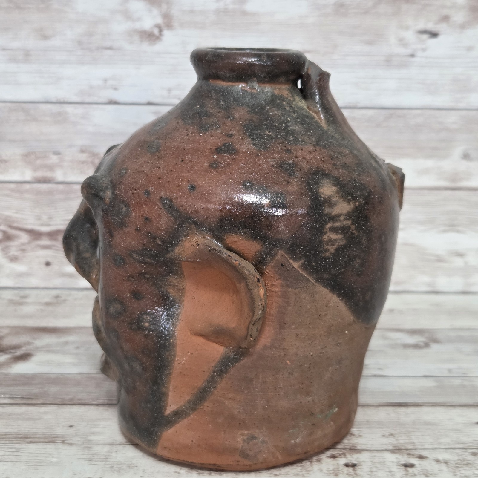 Turtle Creek Potters Redware Folk Art Ugly Jug Chris Woods 1988 WF #31