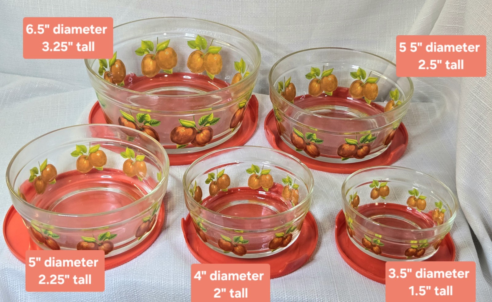 Vintage 1950s Apple Nesting Bowls SET OF 5 With Plastic Lids