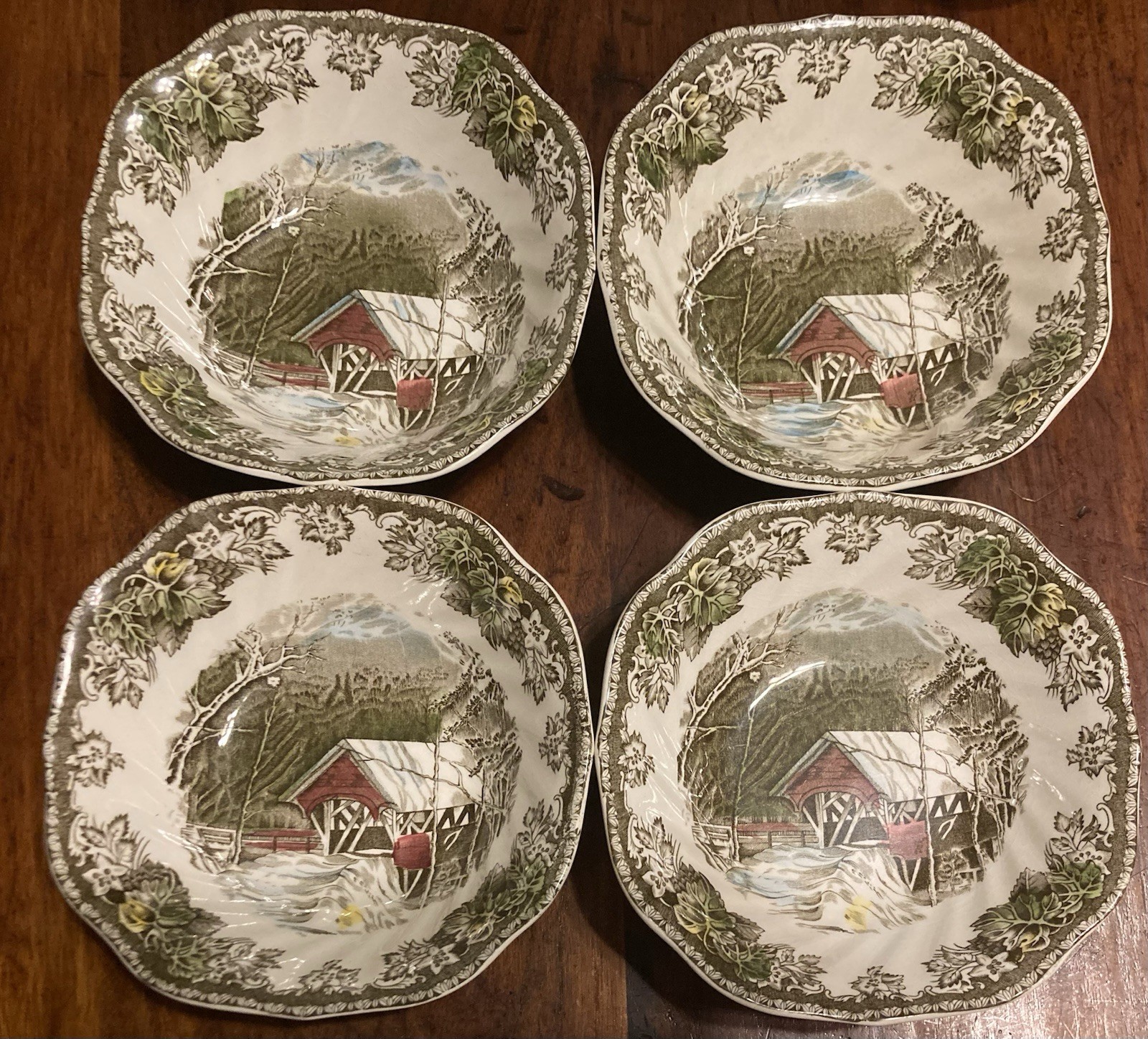 4 Johnson Bros Friendly Village The Covered Bridge Cereal Soup Bowl 6” Square