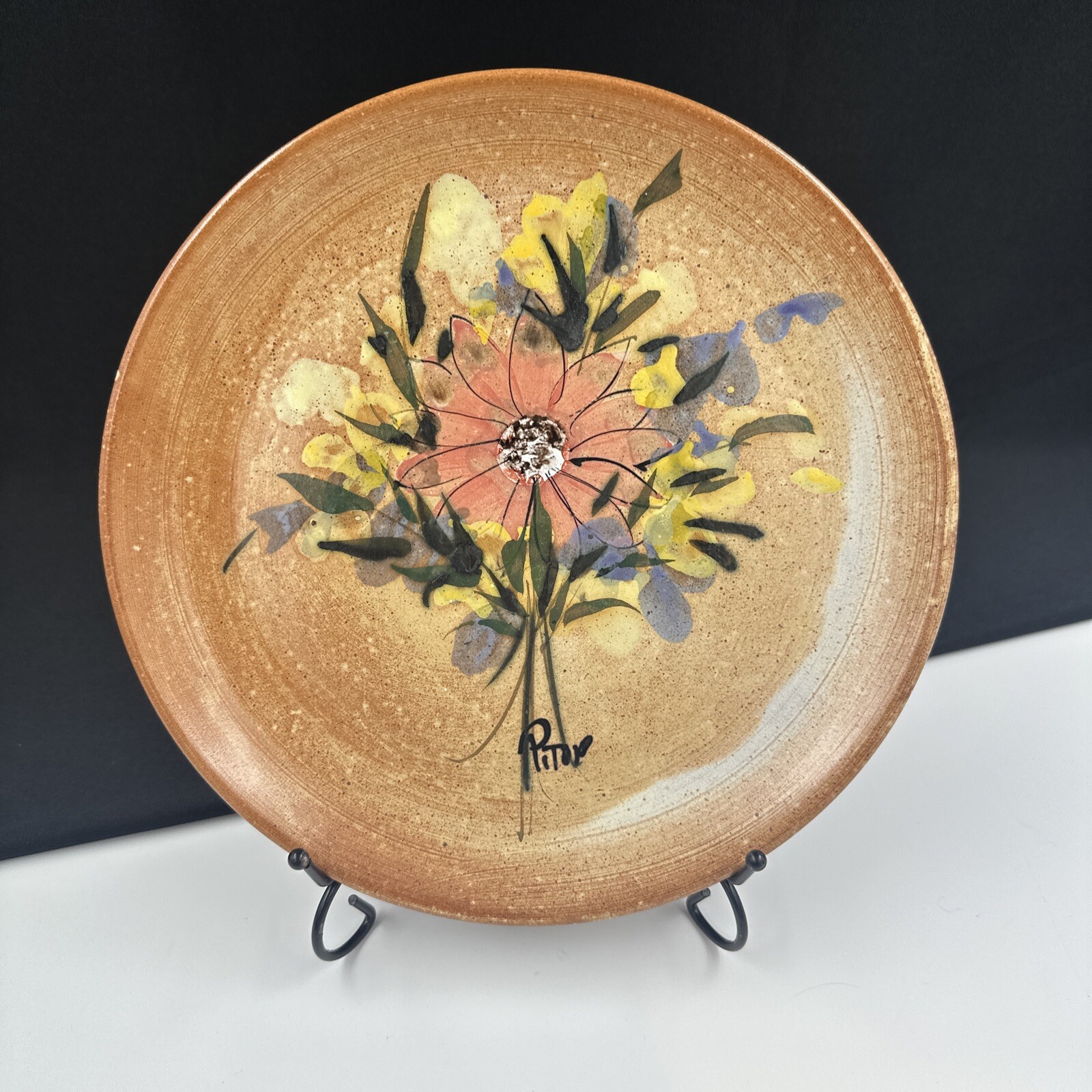 Hand Painted Pottery Plate Pink Flower/Floral Terra Cotta, Signed Home Decor MCM