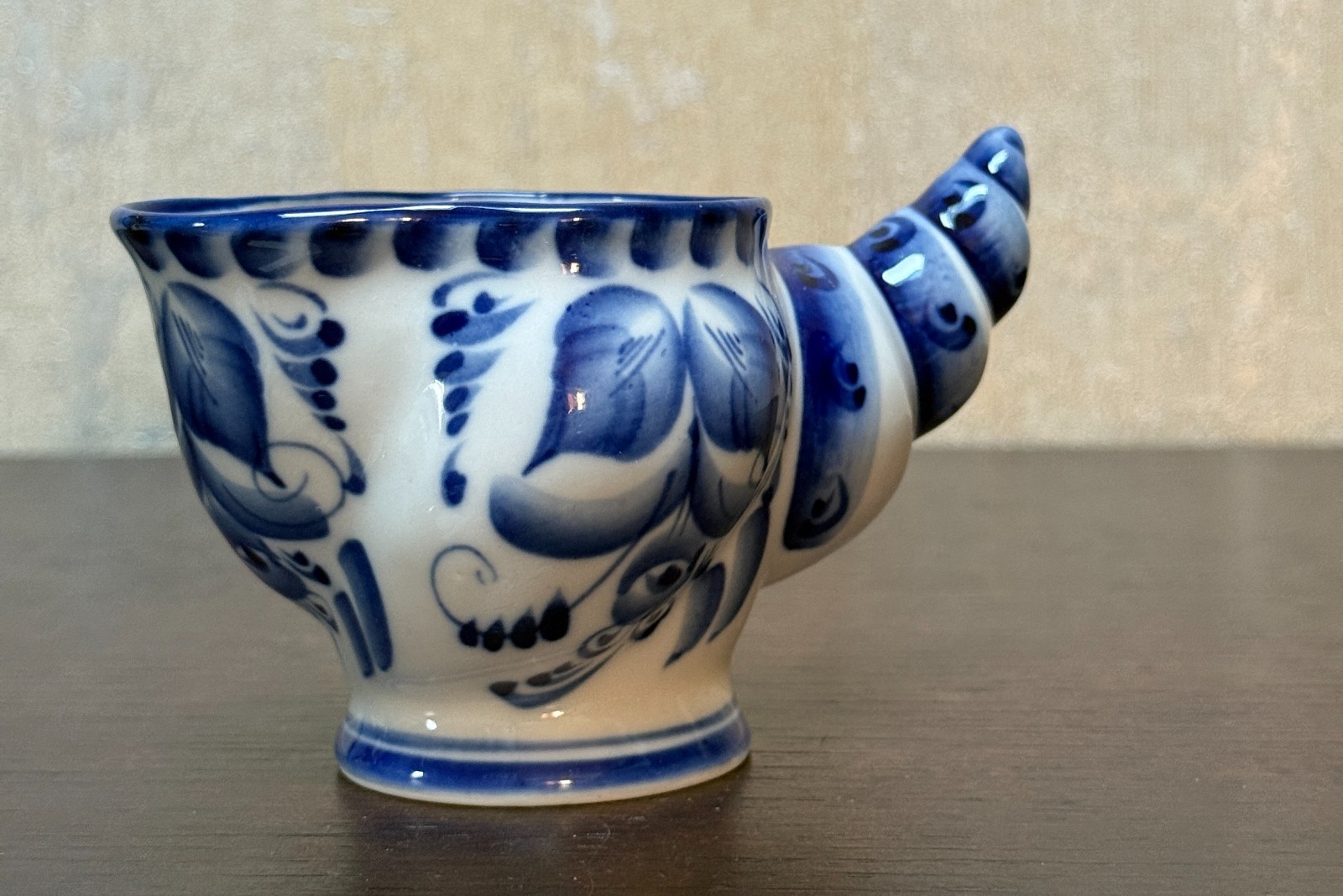 Vtg Gzhel Blue White Porcelain Cornucopia Creamer Pitcher Hand Painted Russia